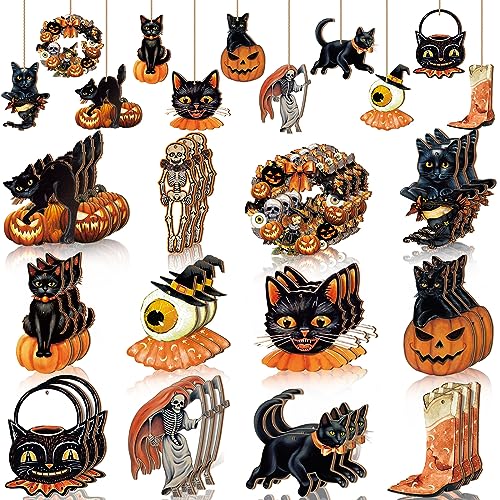 36 Pcs Halloween Ornaments with Ropes Halloween Wood Decor for Tree Pumpkin Skull Cat Wooden Decorations Hanging Ornaments Pendants for Home Party 12 Styles