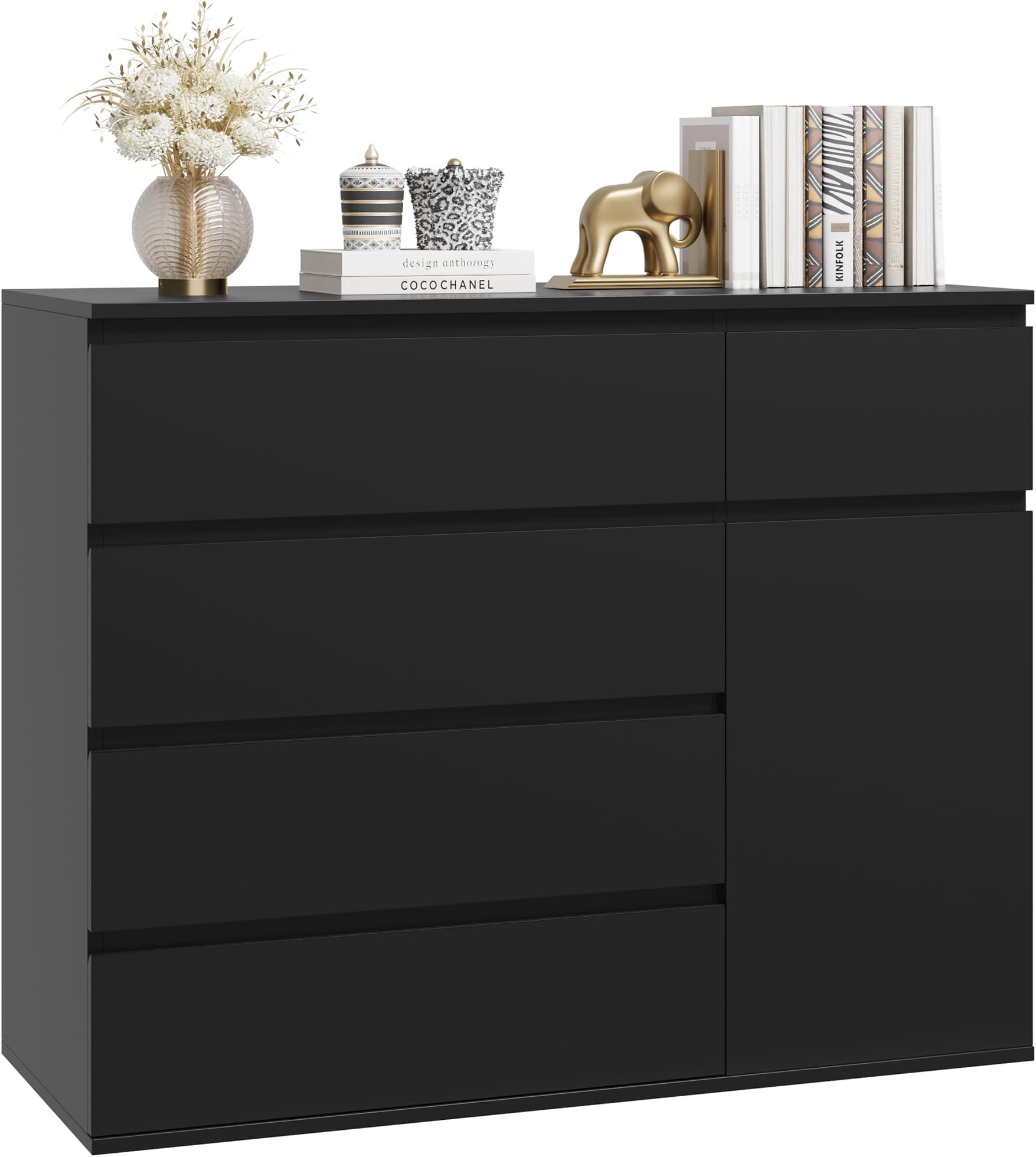 FOREHILL Bedroom Chest of Drawers Black Chest of Drawers with 5 Drawers 1 Door Large Storage Cabinet Dresser Wide Sideboard for Living Room Hallway 100x40x80cm