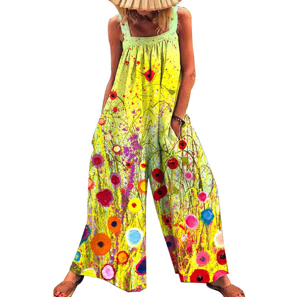 hathne Women's Jumpsuits Boho Floral Print Casual Summer Wide Leg Jumpsuits Overalls Rompers