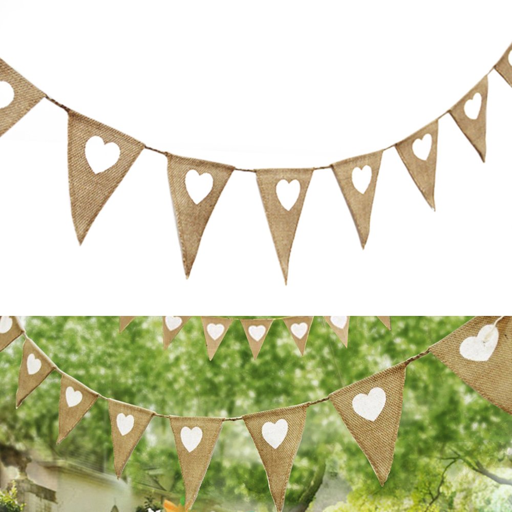 Jtweb Hessian 3M Vintage Bunting Burlap Banner White Love Heart For Wedding Party Birthday Decor (Hessian)
