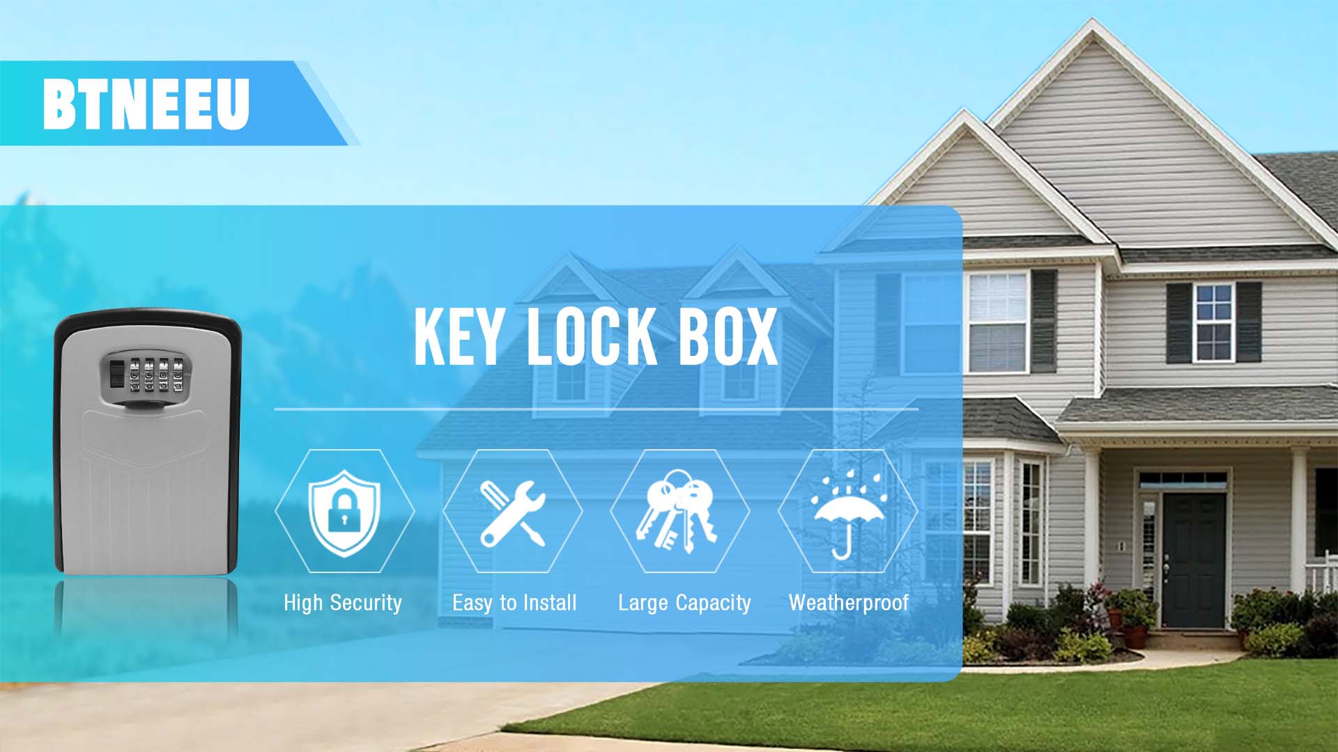 Xeano Extra Large Key Lock Box - 4 Digit Combination, Wall Mounted, Weatherproof Key Safe For Outdoor/Indoor - View #2