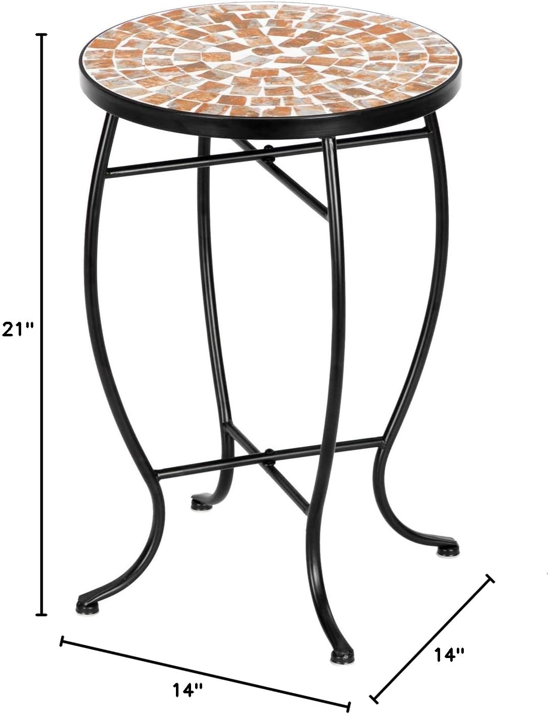 VINGLI Mosaic Outdoor Side Table, 14" Round End Table, Accent Table, Plant Stand Ideal for Pool Side, Porch, Patio, Deck or Sofa Side, Glass Top Black Iron, Golden Backyard