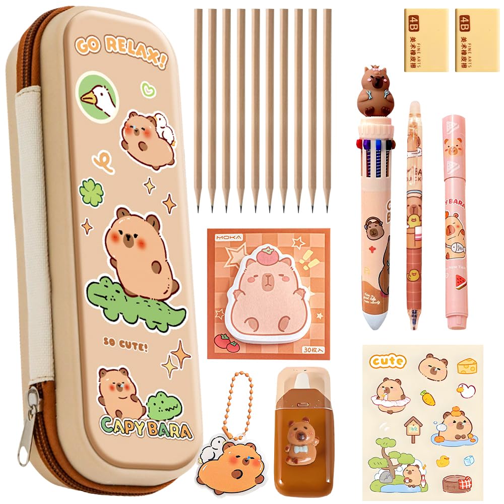 HATFRYF Capybara Stationery Set, Capybara School Pencil Case with Pencils, Eraser, Multicolor Ballpoint Pen, Cute Stationery Set, School Supplies for Office Kids Students