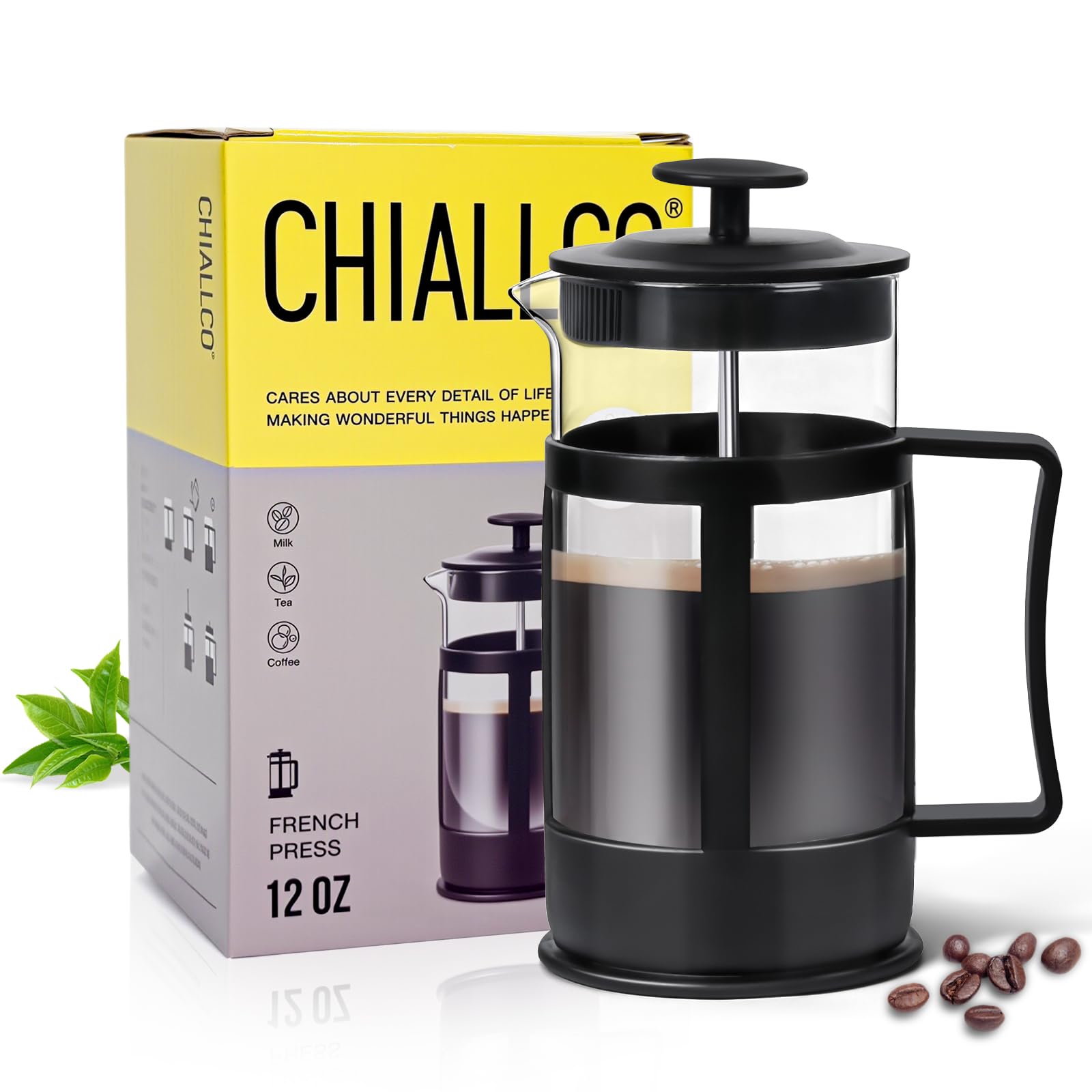 Chiallco Mini French Press Coffee Maker, Heat Resistant Thickened Borosilicate Classic Glass Stainless Steel Coffee Press, 12OZ Heat Cold Brew Coffee Pot Tea Press for Kitchen Travel Camping，Black