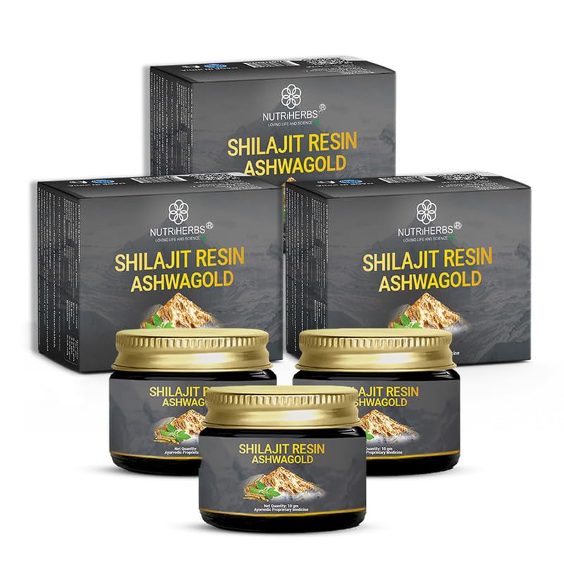 Image of NUTRiHERBS Shilajit Resin Ashwagold 10g - Pure Himalayan Shilajit for Men & Women | Stamina, Energy, Muscle Building Supplement | Ayurvedic Stamina Booster with Ashwagandha & Swarna Bhasma- Pack of 3
