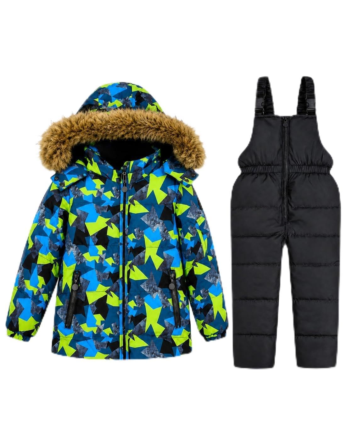 JiAmy Kids 2 Piece Snowsuit Set Girl Winter Hooded Puffer Jacket &amp; Snow Bib Pants Boy Ski Suits(1-12Y)