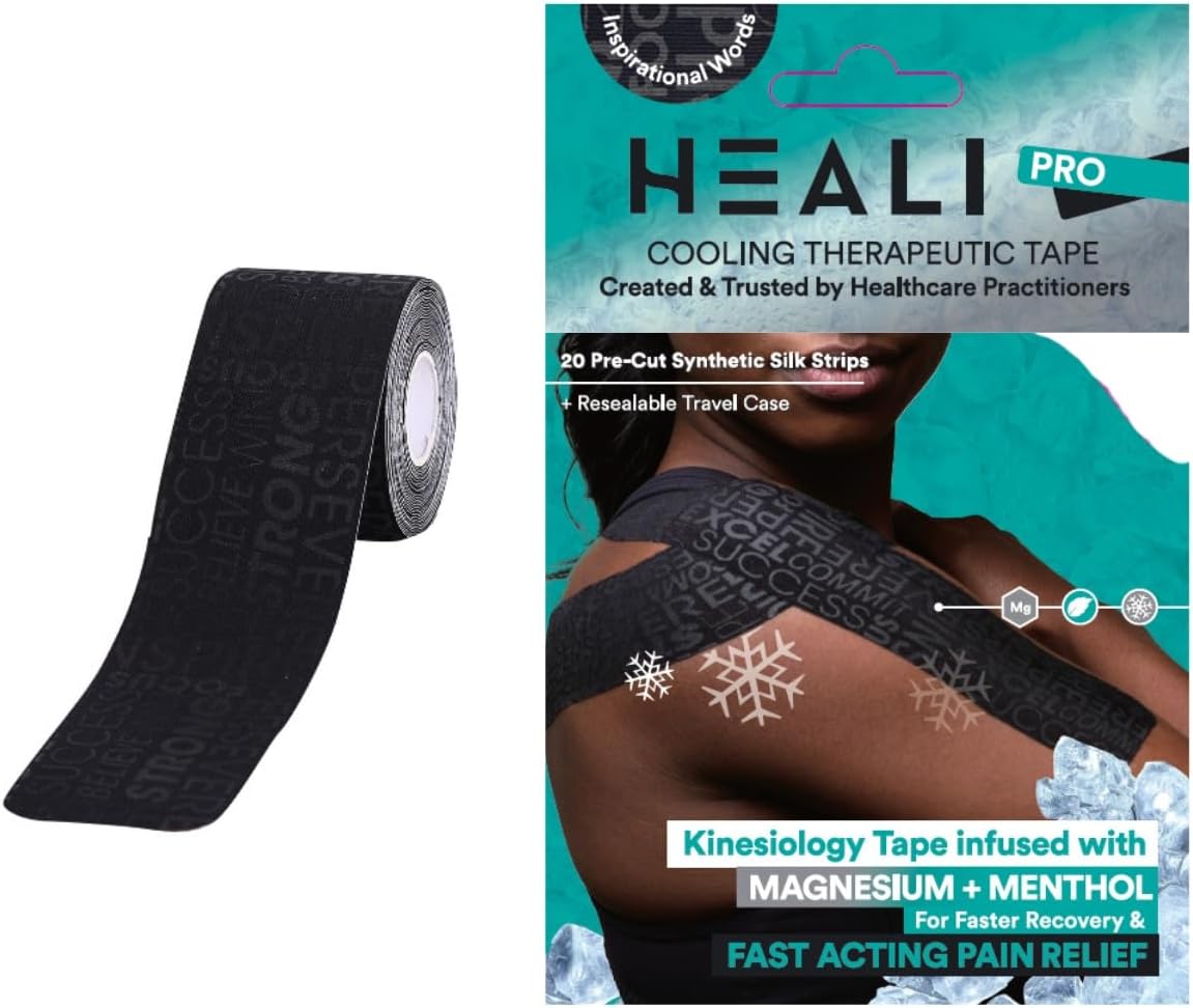 Tape - Kinesiology Tape Infused with Magnesium & Menthol for Pain Relief & Muscle Recovery, Roll-20 Strips, 2" x 10"- Therapeutic Sports Black Tape with Inspirational Words
