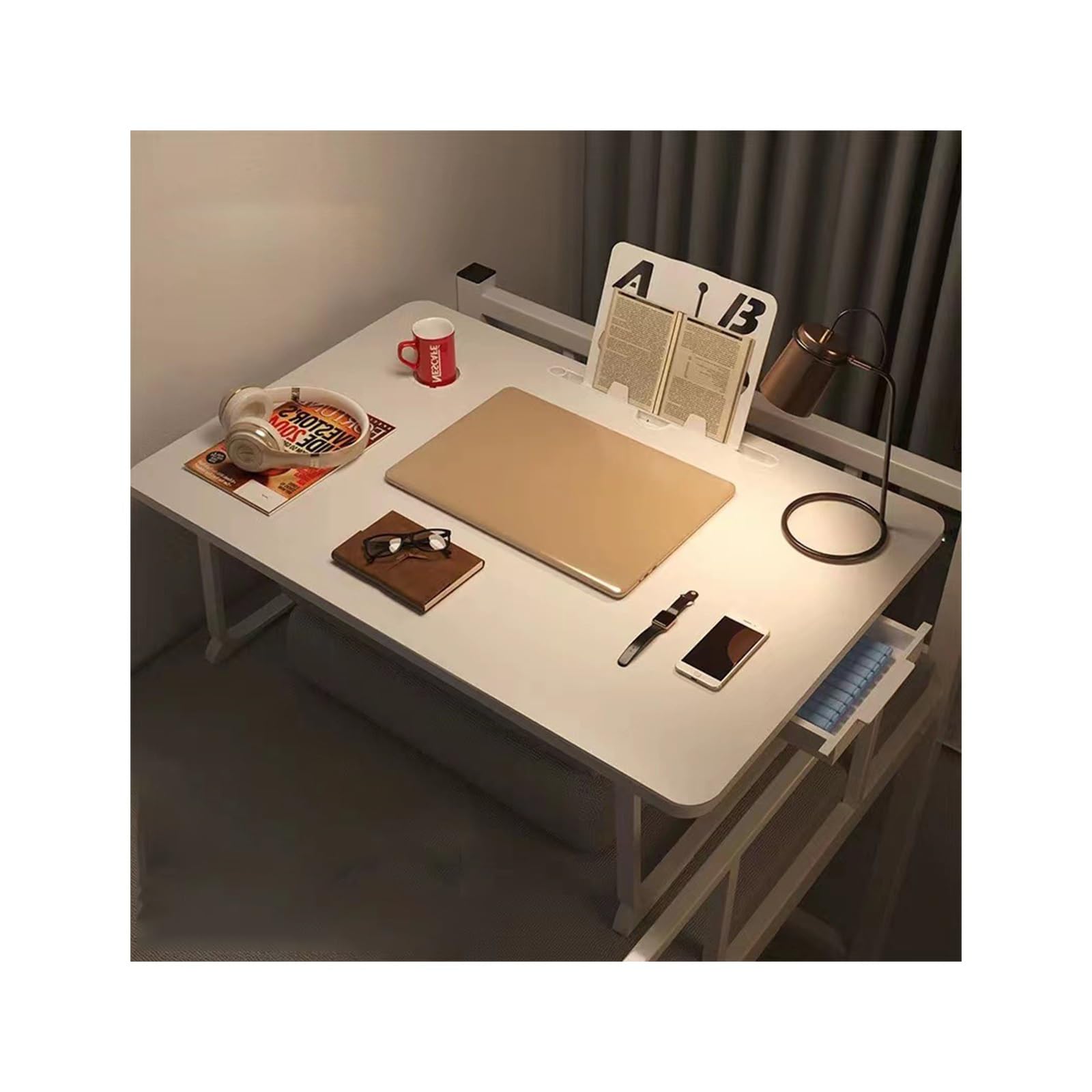 Lapdesk Pliable,Plateau de lit,Table de lit Pliable,Table de Lit pour Ordinateur Portable,Conception de Bureau agrandie,Équipée d'une bibliothèque(White Upgrade,70cm/27.56in)