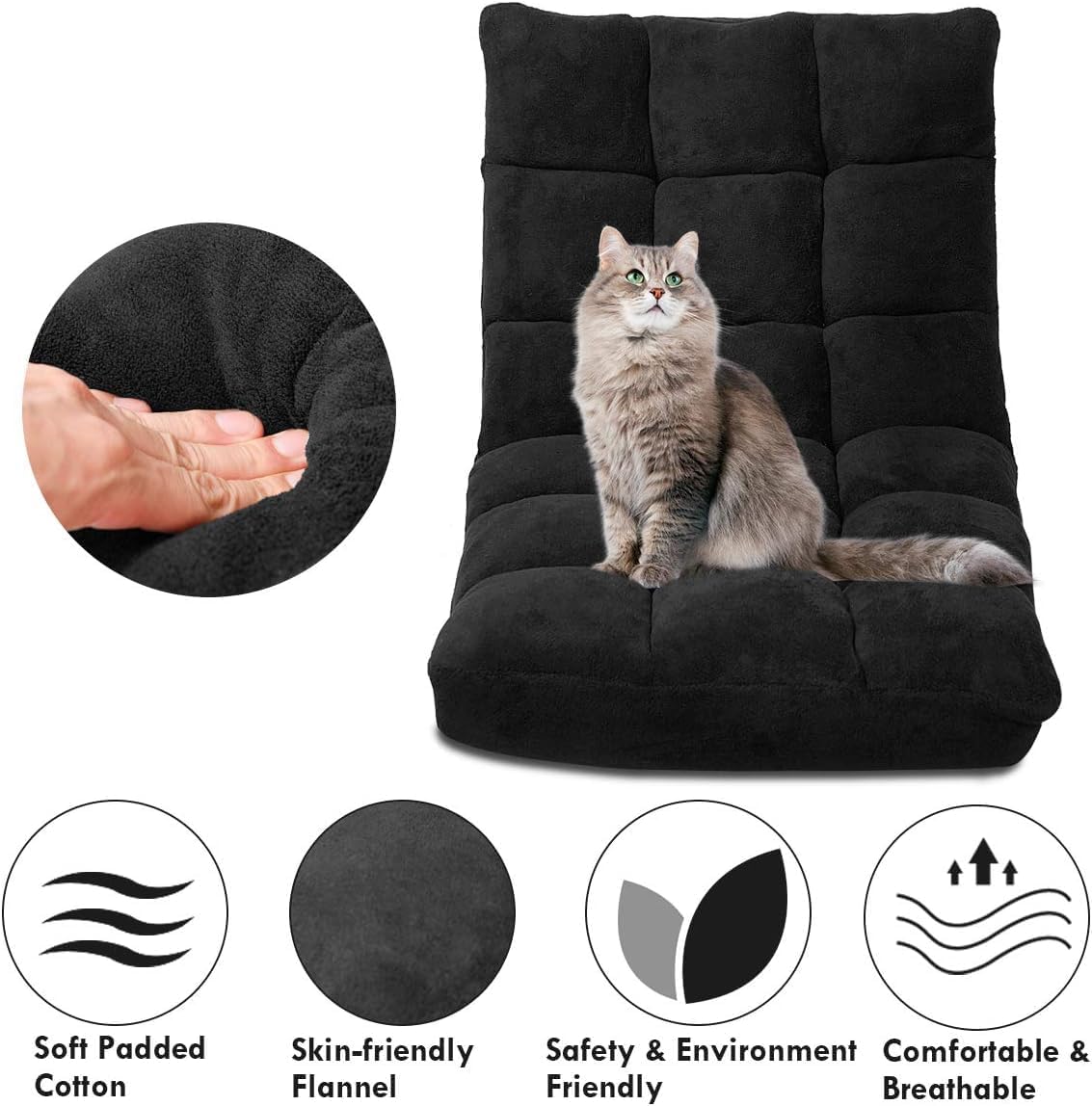14-Position Floor Chair, Adjustable Folding Gaming Chair Lazy Sofa w/Cushion, Meditation Chair with Back Support, Folding Floor Couch for Reading Bedroom, Living Room for Adults Kids (Black)