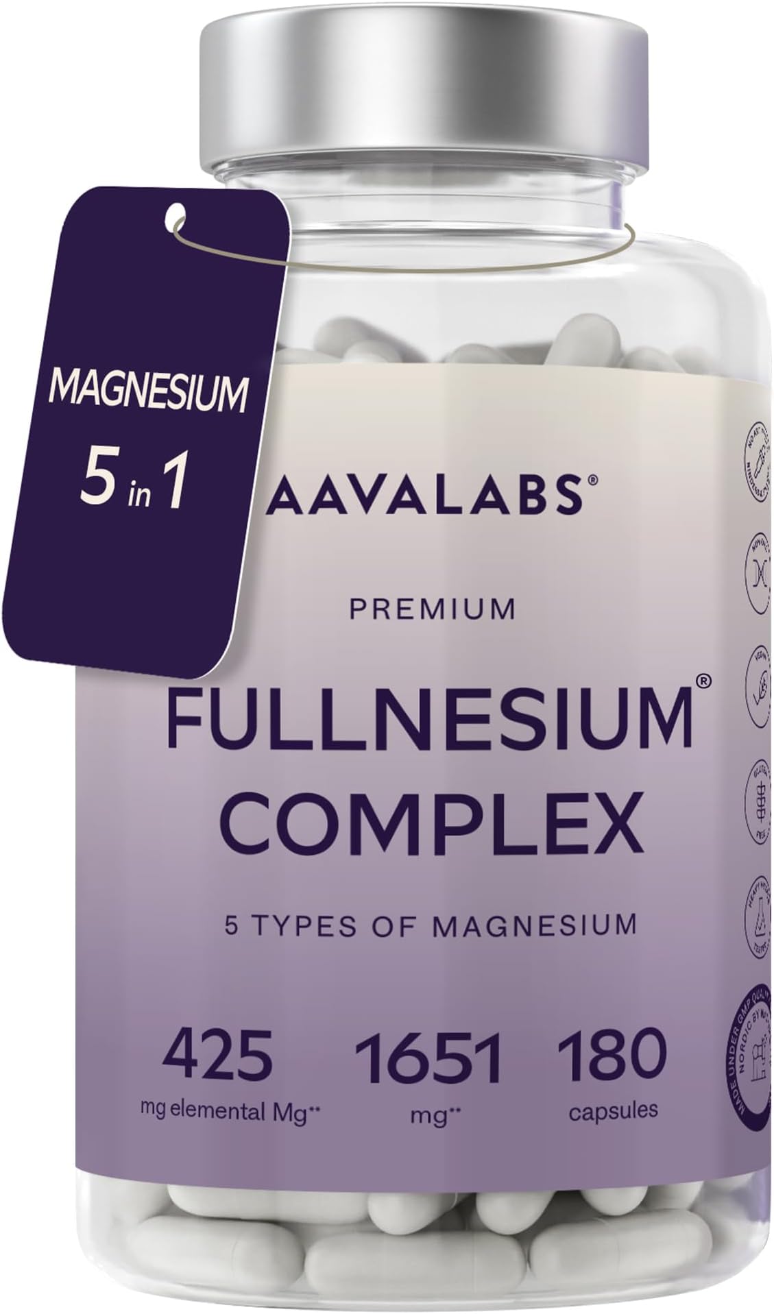High Strength Magnesium Supplements for Women and Men -1651mg per Daily Dose (425mg Elemental) - Chelated Magnesium Glycinate, Citrate, Malate, and Oxide - 180 Capsules - Vegan