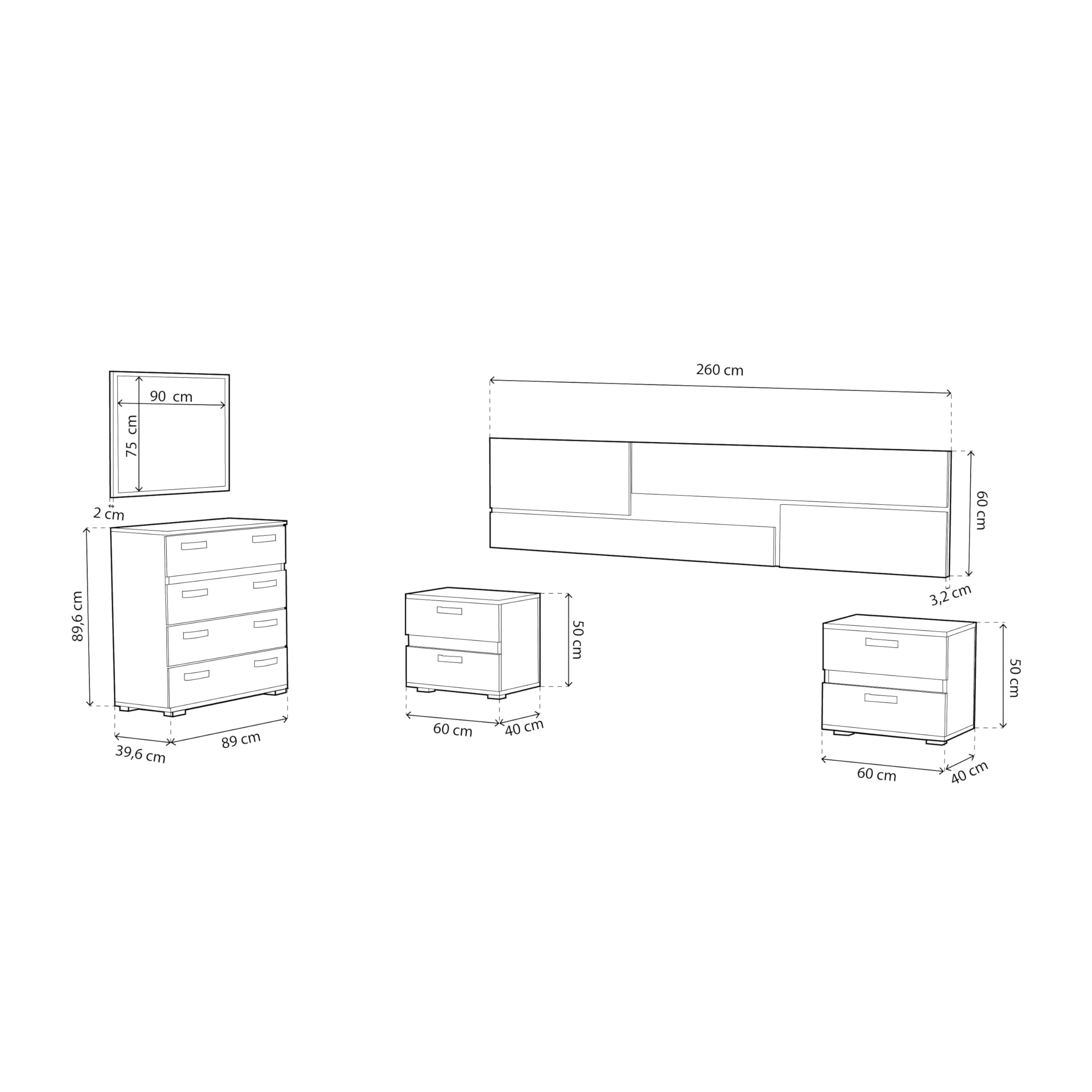 duehome Pack de Dormitorio con Cabecero + 2 mesitas de Noche + Comoda y Espejo, Conjunto de Dormitorio, Dormitorio Completo, Modelo Ataneq Pure 4c, Acabado en Cambria y Grafito, Grande