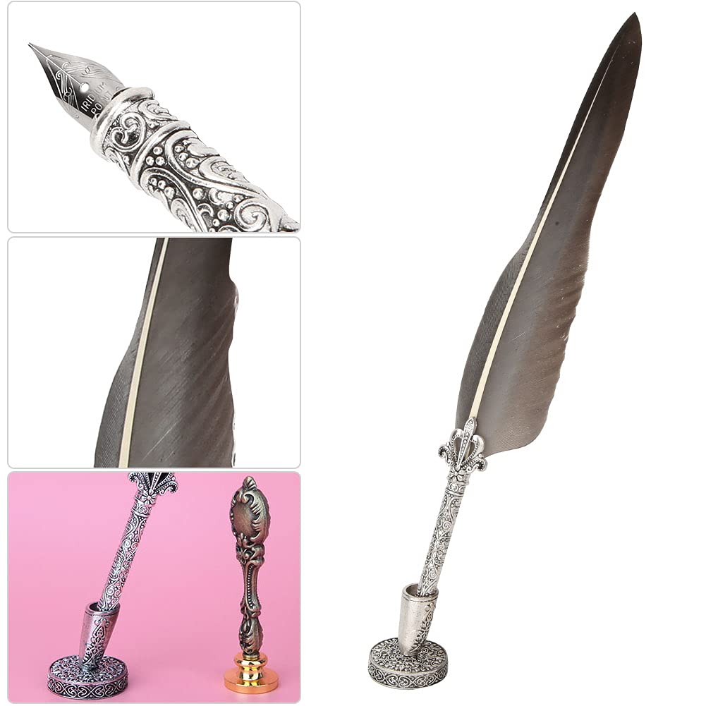 European Retro Stalówki ze stali nierdzewnej Zestaw wosków do pisania zanurzeniowego Prezent z pudełkiem do pakowania (SFDPS025031 pointed gray feather)