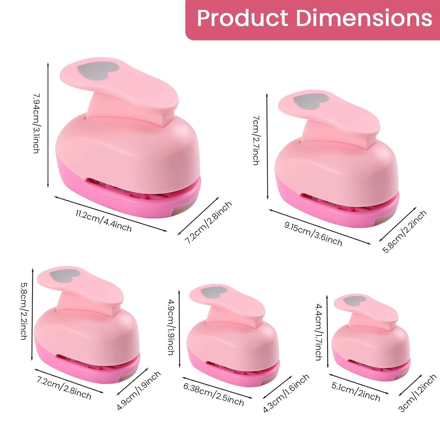 Heart Paper Punch Set, 3/8 inch, 5/8 inch, 1 inch, 1.5 inch, 2 inch, 5 Different Size Heart Punches for Crafting Designs, Office Supplies, Card Making, DIY Albums, Photos
