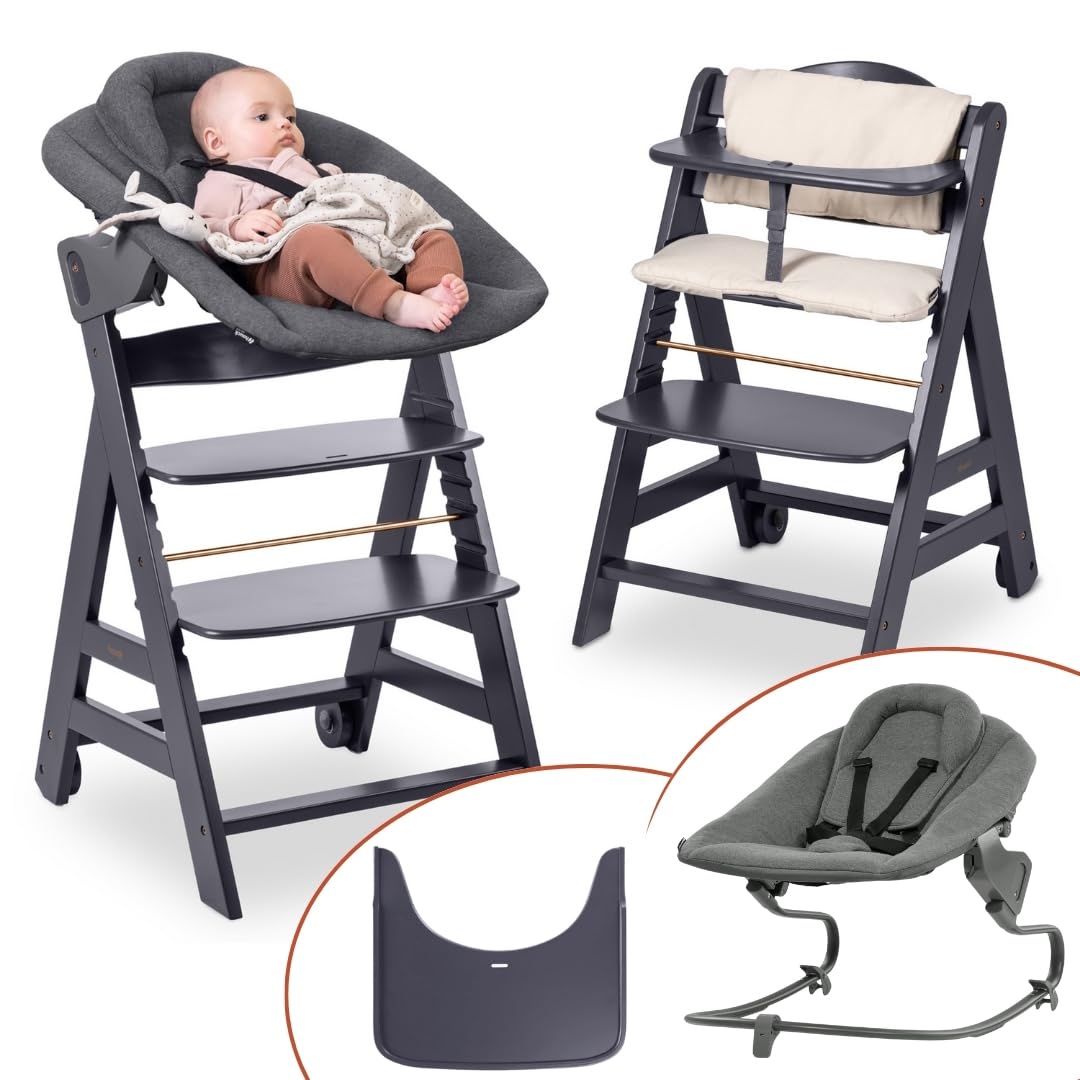 hauck Beta+ Hochstuhl Newborn Set mit Premium Bouncer - Dark Grey | Mitwachsender Holz Kinderhochstuhl mit Rollen ab Geburt bis 90 kg | inkl. Neugeborenenaufsatz, Essbrett & Sitzkissen