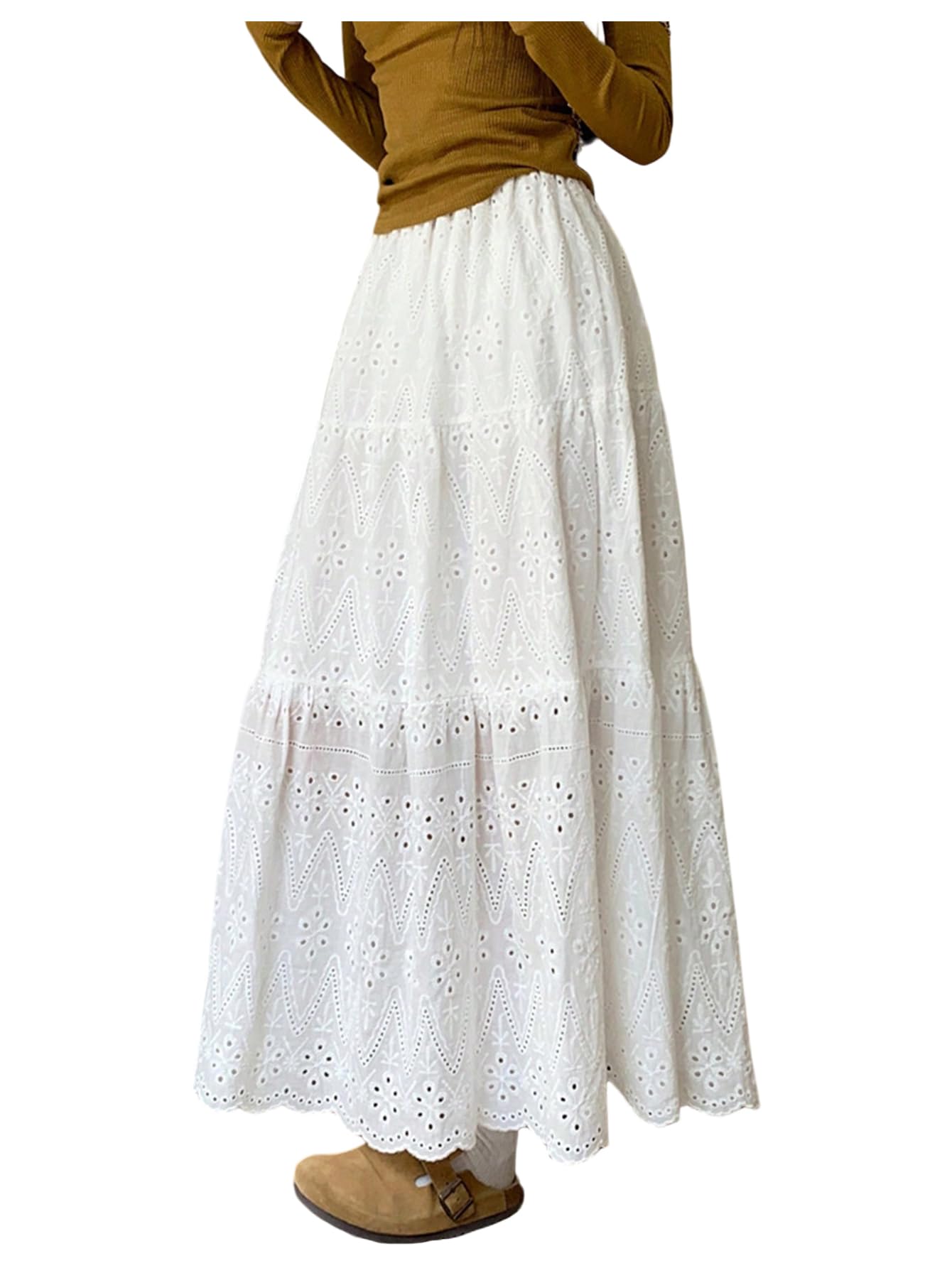 Verdusa Womens Eyelet Embroidery Ruffle Skirt Elastic High Waisted A Line Flowy Long Skirts