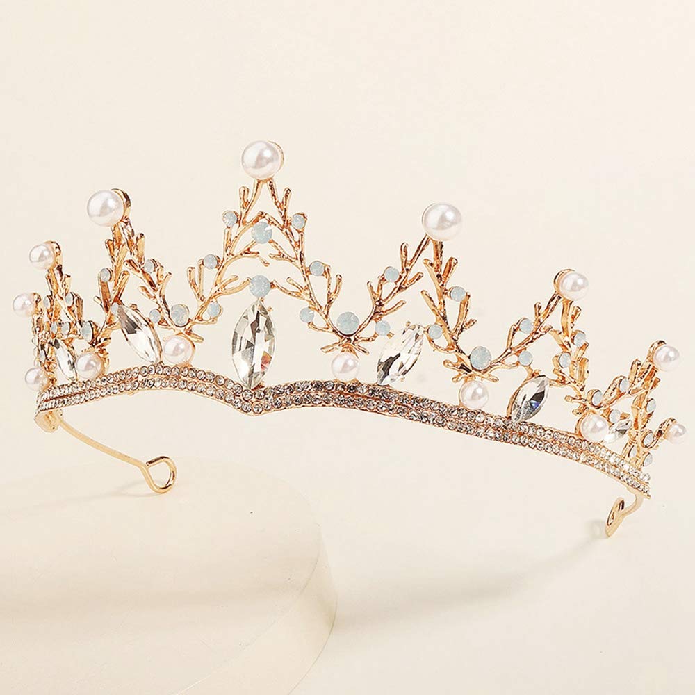 Minmin Antler Baroque Tiara for Women, Vintage Queen Princess Rhinestone Crown Leaf Wedding Hair Accessories for Prom Christmas Party Prom