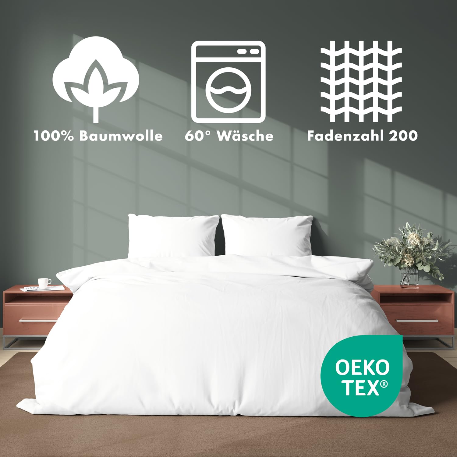 JACOBSON Set di Biancheria da Letto 240 x 220 cm, 100% Cotone, Copripiumino, 2 Federe 80 x 80 cm, Percalle, 3 Pezzi Con Chiusura Lampo (Bianco)