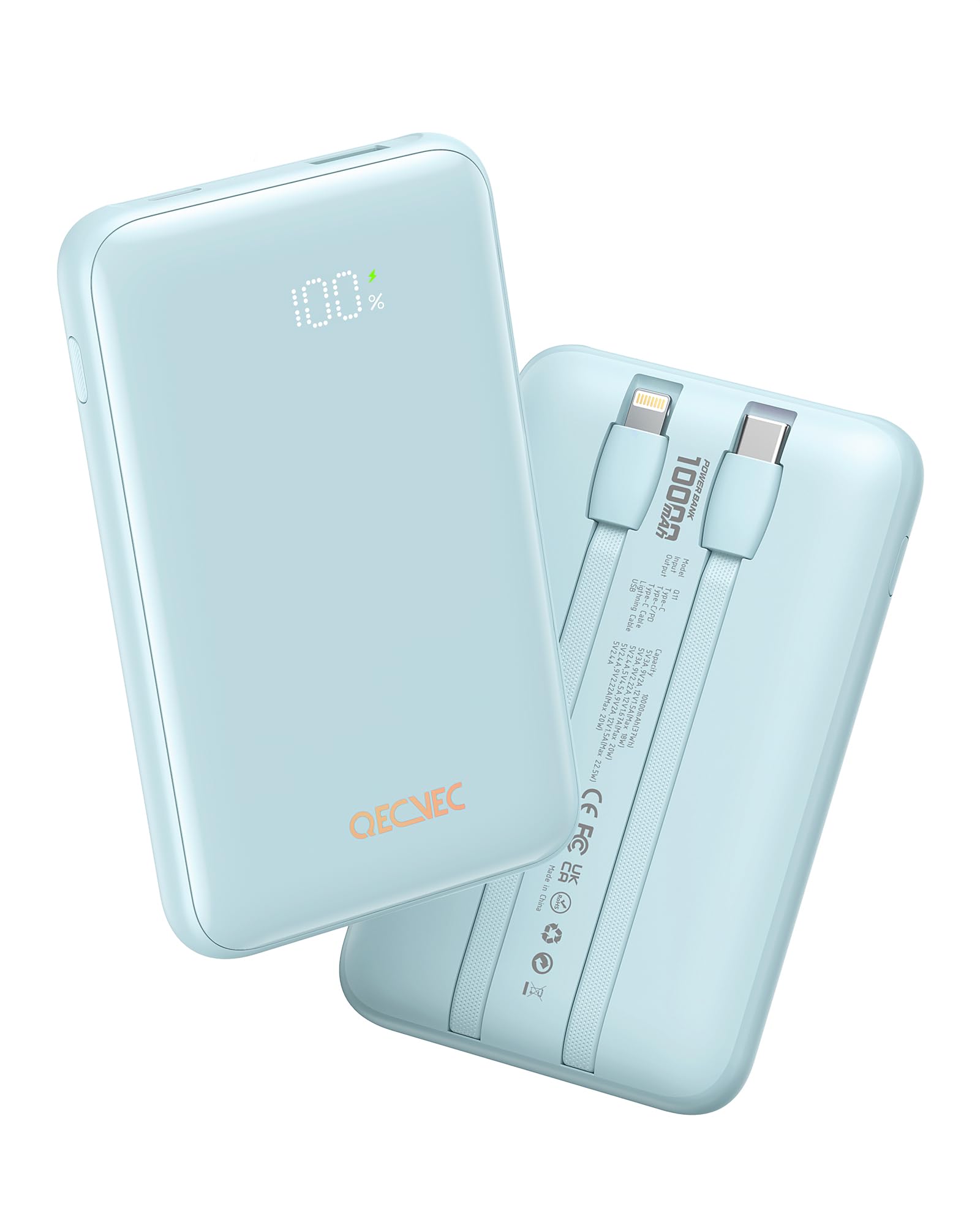 Qecvec Portable Charger 10000mAh, Cell Phone Portable Power Banks with 22.5W PD Fast Charging, Compact Phone Charger Built in Cable, Compatible with Apple, Samsung, Google, Motorola and More