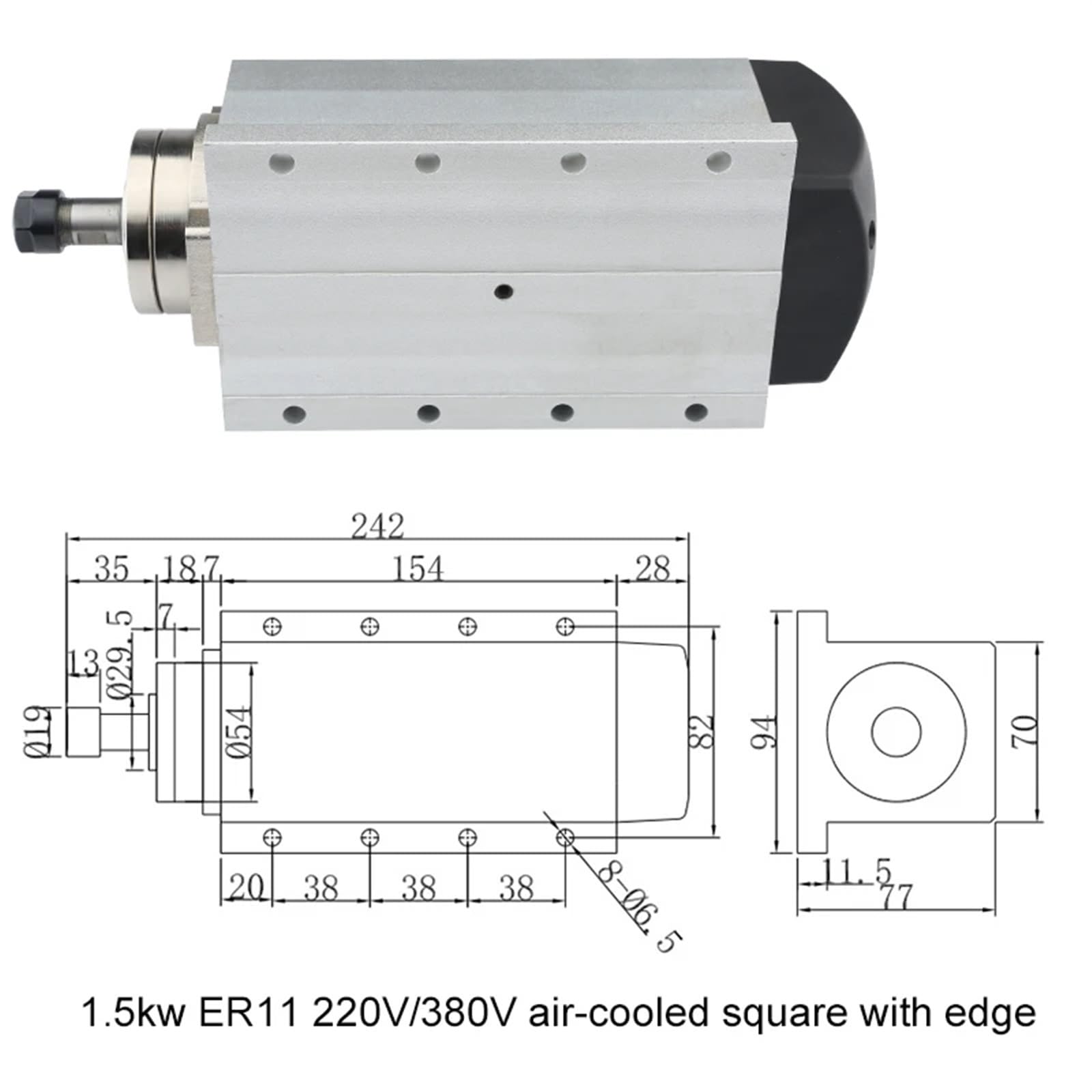 Spindle motor 1.5KW Square Air-Cooled Spindle Motor Flash + 1.5kw Inverter + 1 Set ER11 Collet Milling Machine Milling Kit(DC220V)