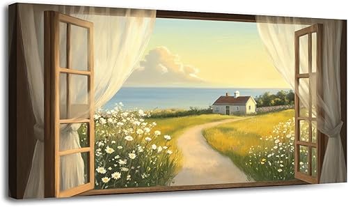 Arte de pared costero vintage de 30 x 60 pulgadas, paisaje de ventana, granja, paisaje, naturaleza, pintura cálida, impresión sobre lienzo, arte de