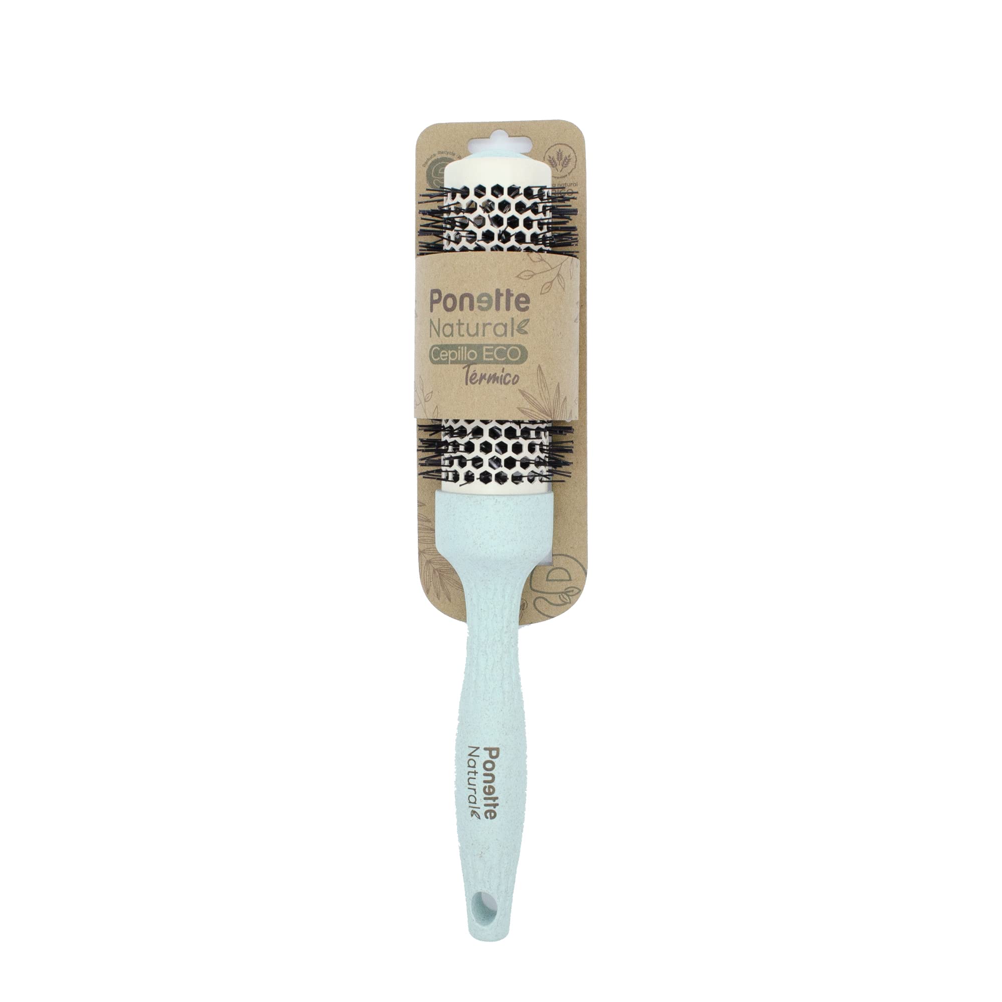 PONETTE NATURAL - Cepillo Térmico Redondo ECO de Aluminio con Revestimiento Cerámico de 34mm de Diámetro Verde Turquesa, Fabricado con Fibra Natural de Trigo, 100% Reciclable, Marca Española