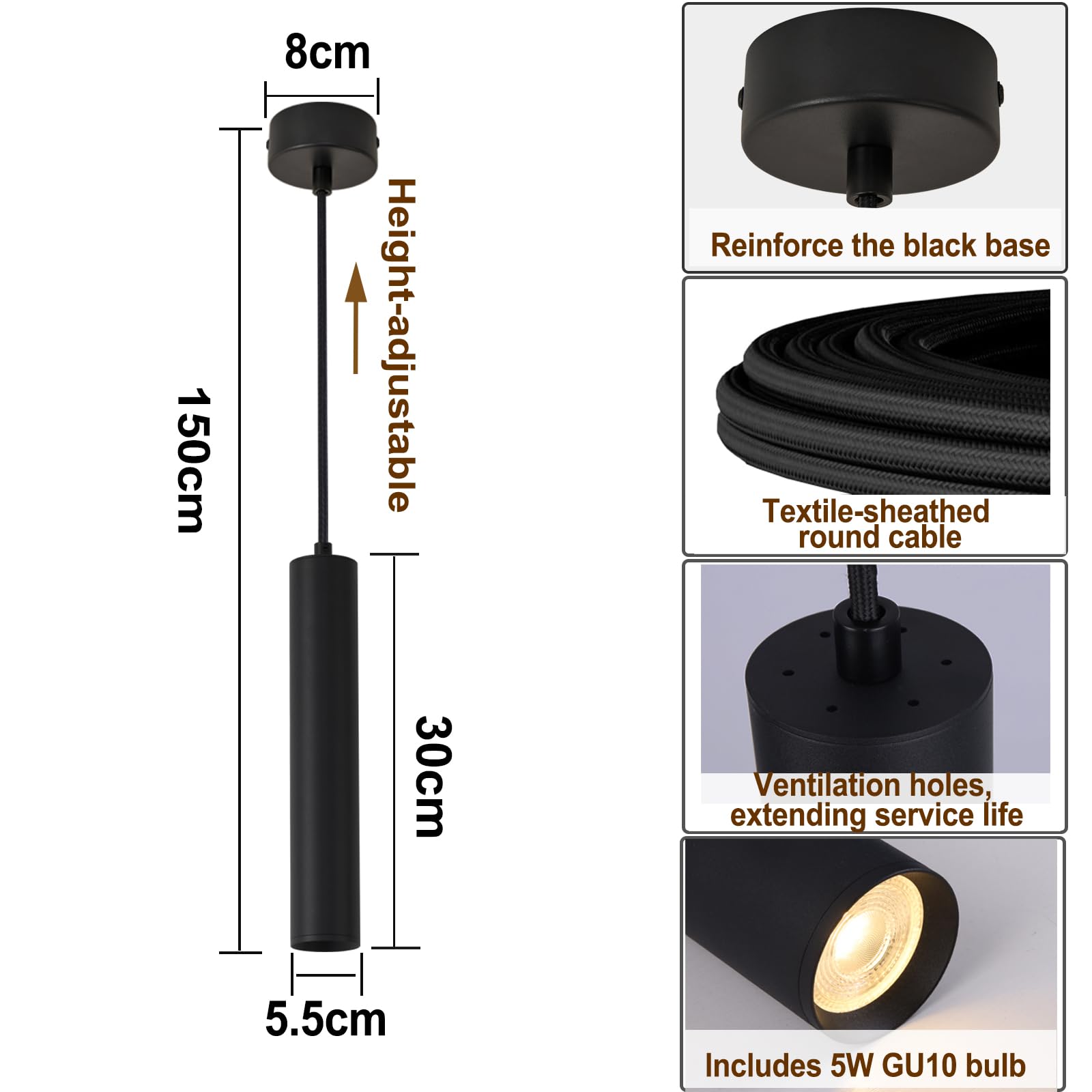 Pendelleuchte Schwarz, Hängelampe GU10 Zylinder mit 5W LED Leuchtmittel, Moderne LED Hängeleuchte für Schlafzimmer Nachttisch,Küche, Esstisch, Wohnzimmer Warmweiß 3000K (30cm 2Stück)