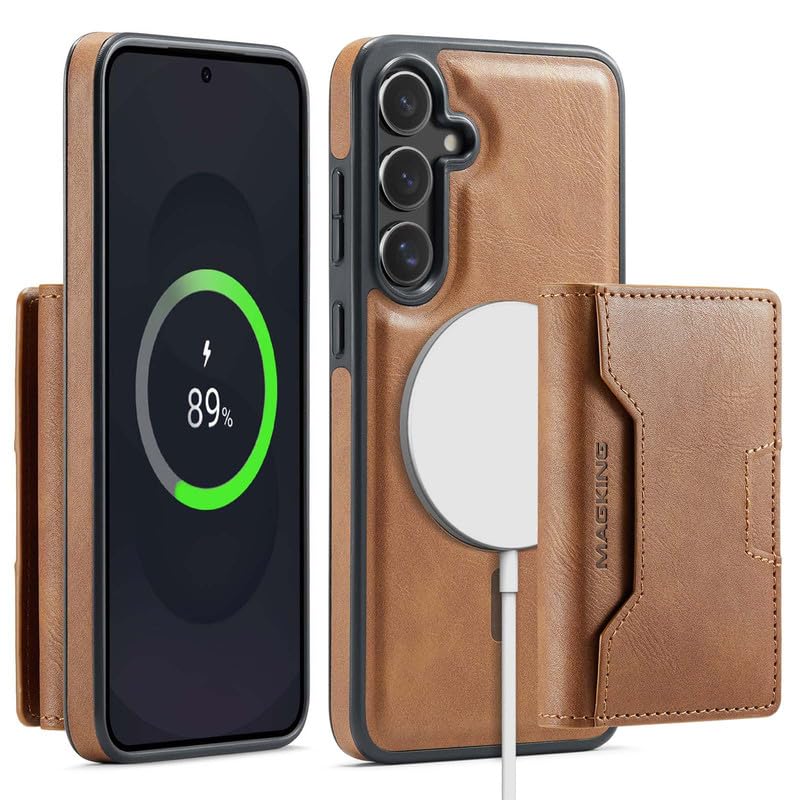 Funda magnética 2 en 1 para Samsung S25 FE con bloqueo RFID y carga inalámbrica en color marrón