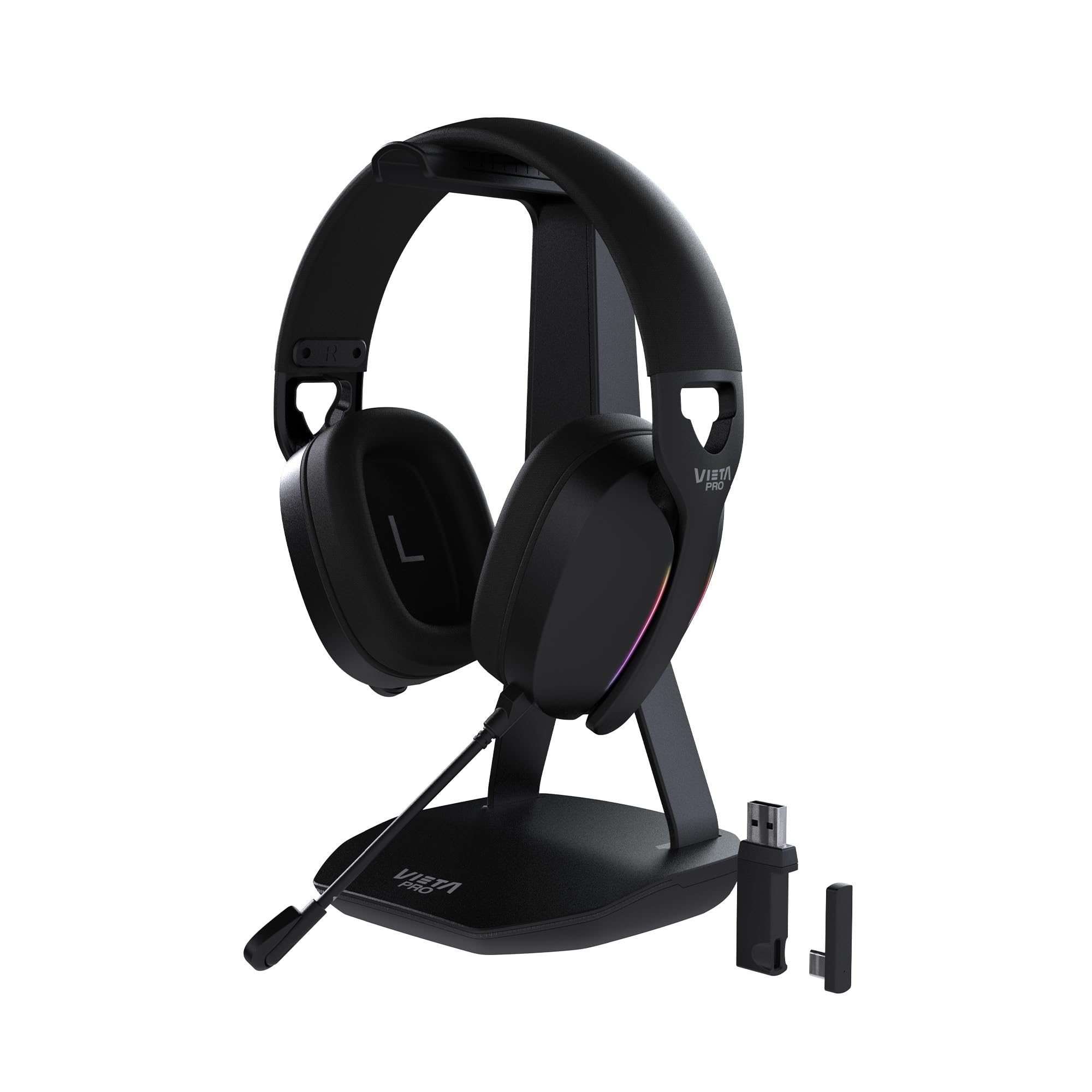 Vieta Pro Auriculares Gaming inalambricos Bluetooth con microfono, Soporte, Luces RGB. Cascos Gaming Diadema compatibles ps5, pc, Xbox. 40h autonomía, USB Tipo C, Sonido Envolvente Nova. (Negro)
