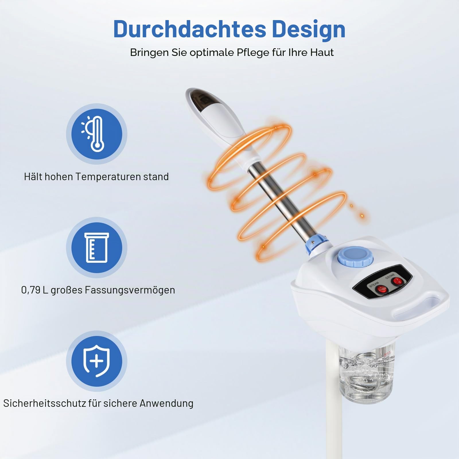 Gesichtsdampfer Ozon Bedampfer 360° Porenreiniger Dampf Spa Maschine mit 5 Rollen und 800ml Salon Wassertasse Dampfgerät Einziehbarer Design Gesichtssauna Verdampfe