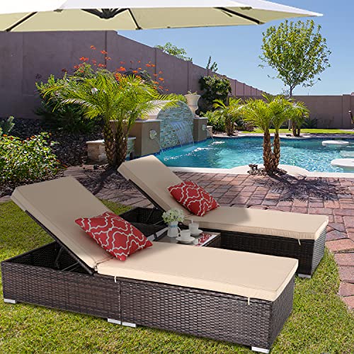 Do4U Outdoor 3 Pieces Chaise Lounge Pe Wicker Reclining Chair With Cushions Furniture Set Patio Lounge Chair Adjustable Backrest Recliners For Outdoor Patio Beach Pool Backyard (Beige) #TOP11