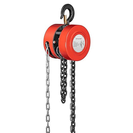 SPECSTAR Hand Chain Hoist 1 Ton 2200 Lbs Capacity 10 Feet with 2 Heavy Duty Hooks, Manual Chain Fall for Warehouse Building Automotive Machinery Red