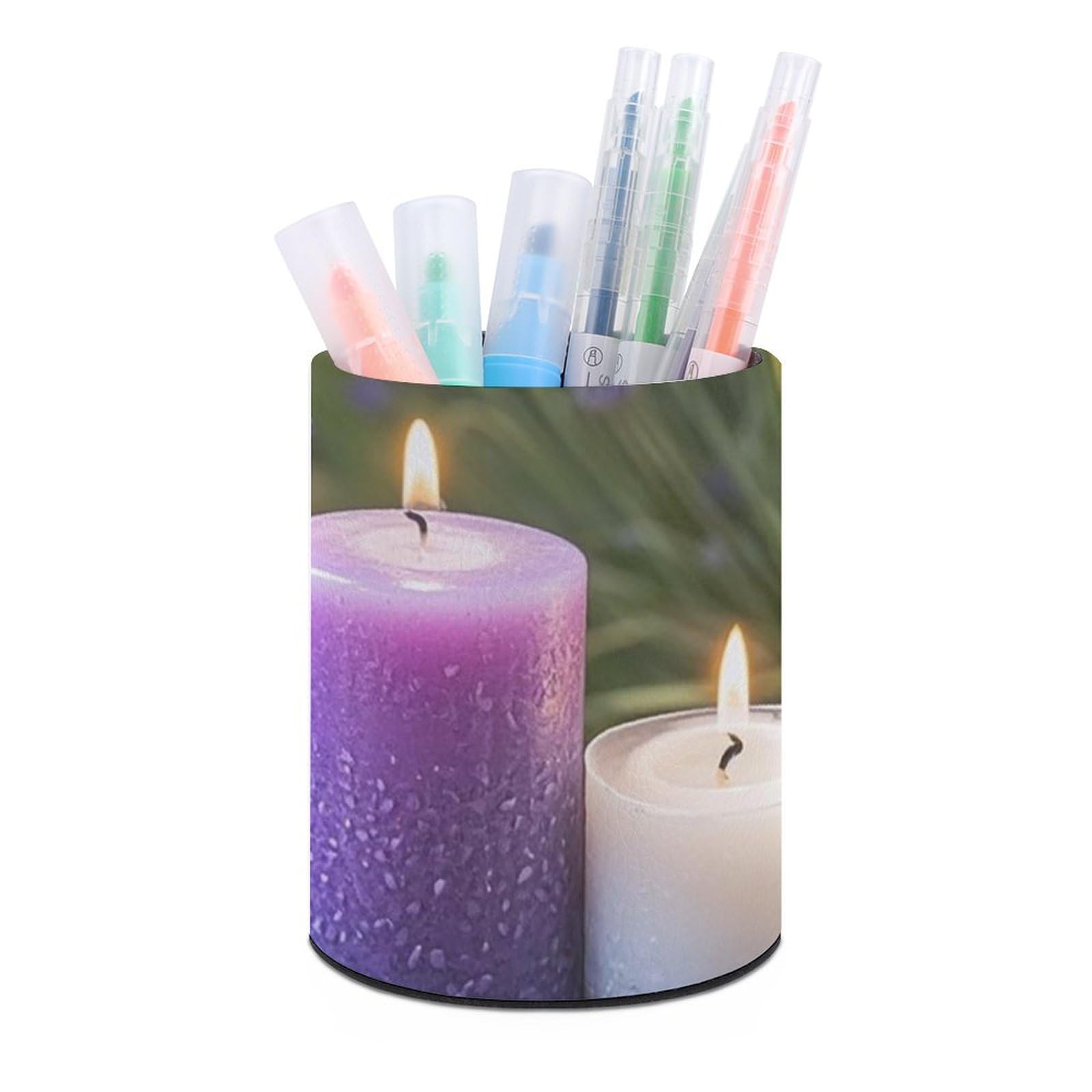 KLOPH PU Leather Pen Holder for Desk, Aesthetic Pencil Cup for Desktop, Makeup Brush Srotage for PenOrganizer Office Supplies, Purple Lavender with Candles Pen Cup Pencil Caddy for Home Art Supply