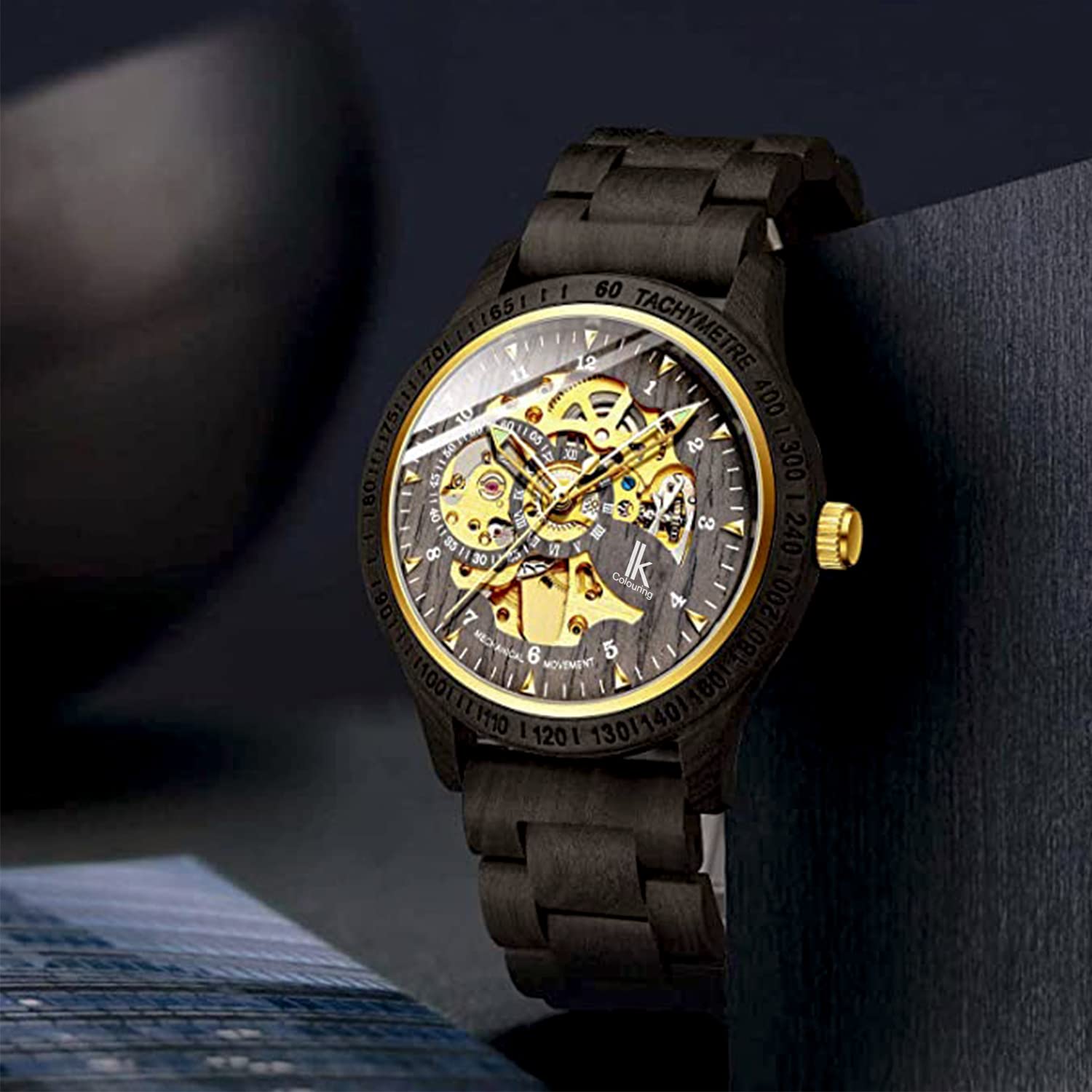 IK COLOURING Mens Watches Luxury Mechanical Wooden Case Skeleton Lumious Automatic Self-Winding Lightweight Genuine Leather BraceletWood Band Wrist Watch product thumbnail 4