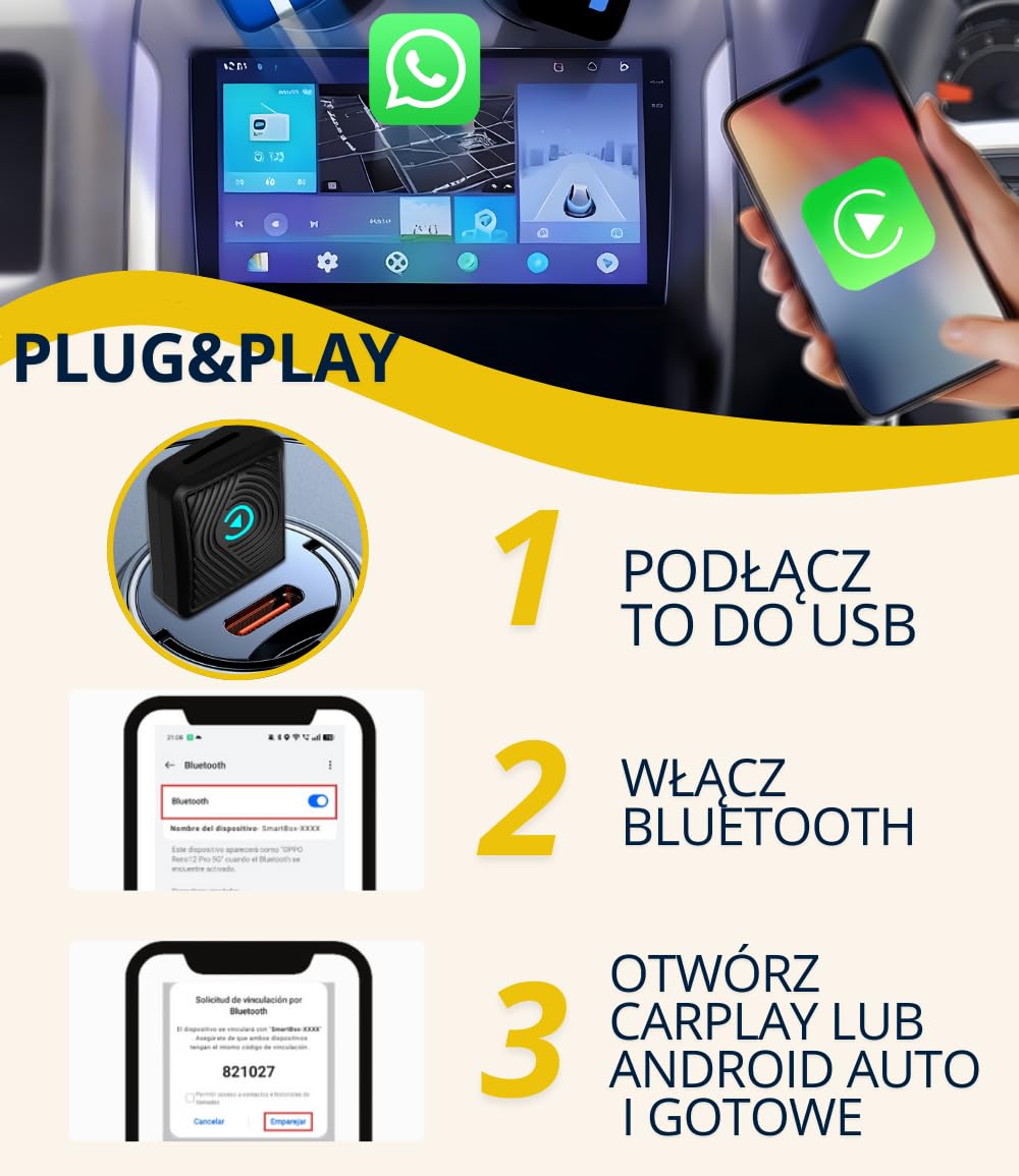 Bezprzewodowy CarPlay i Android Auto 2026 SwiftLink LITE Adapter Bluetooth iPhone Android | Wyższy Komfort Jazdy | Stabilna i Płynna Transmisja Plug&Play | Połączenie bez Kabli i Nowoczesny Design