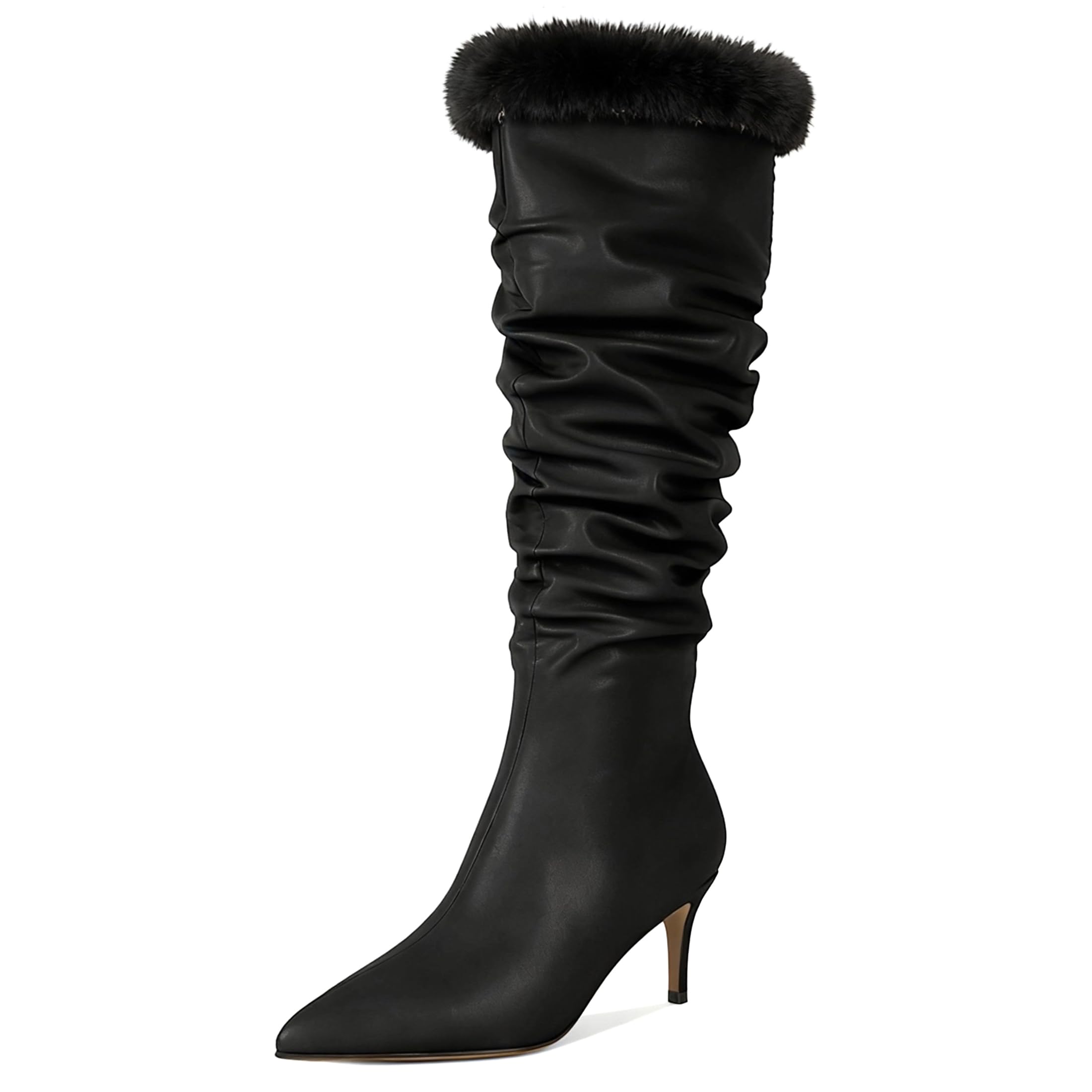 Mettesally Women Slouchy Knee High Boots Pointed Toe Fluffy Fuzzy Plush Stiletto Kitten Heel Tall Thigh Boots Pull