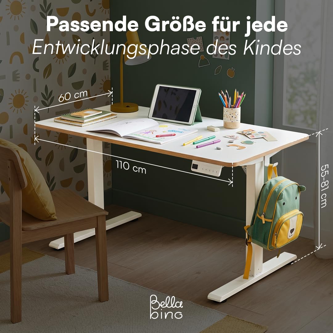 Bellabino Toro Kinderschreibtisch elektrisch höhenverstellbar – ergonomischer Schreibtisch für Kinderzimmer – Schülerschreibtisch ab 6 Jahren – LED-Höhenanzeige mit 3 Speicherplätzen & Kindersicherung