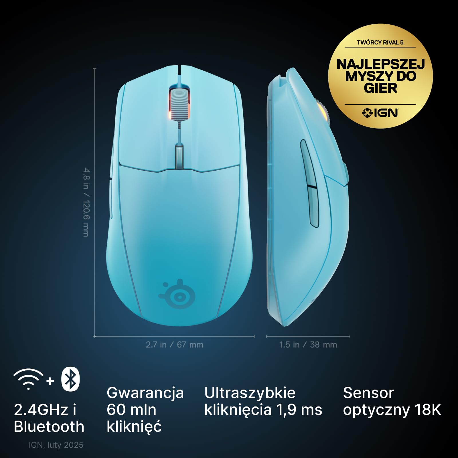 SteelSeries mysz do gier Rival 3 Wireless Gen 2 – 2,4 GHz i Bluetooth – Sensor optyczny TrueMove Air 18 000 DPI – Wytrzymała do 60 milionów kliknięć – Niska waga – Ślizgacze 100% PTFE - Aqua