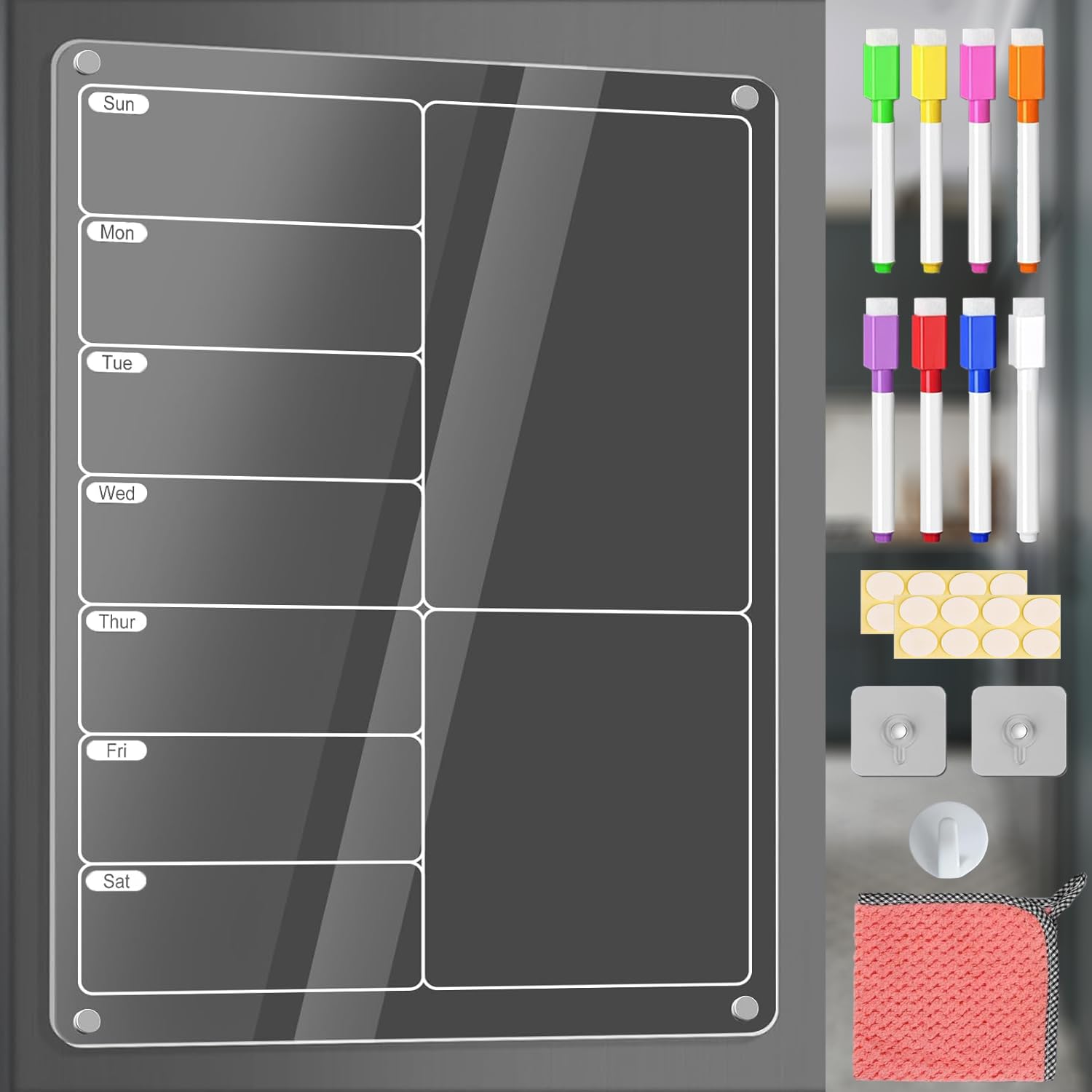 Get Classy Magnetic Acrylic Meal Planner โ Weekly Menu Board for Fridge โ Clear Dry Erase Calendar with 8 Markers โ Grocery List, to-Do, Chore Chart & Shopping Organizer Noteboard