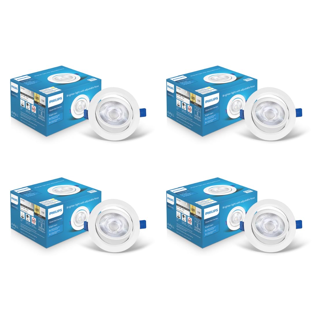PHILIPS 12 Watt White LED Ceiling COB Round Spot Light with Adjustable Tilt | Cut out: 107mm | Warm White, Pack of 4 (BrightSpot)