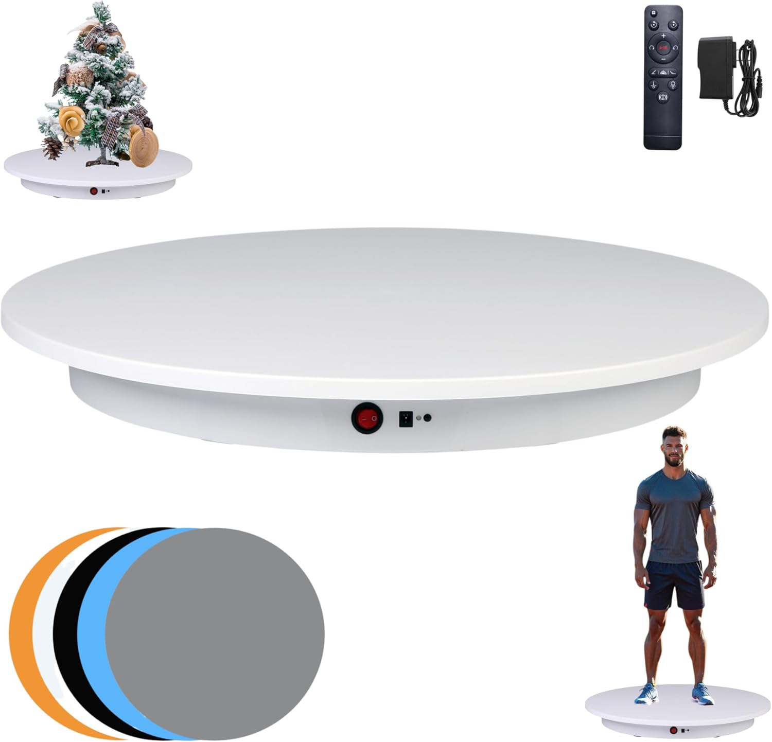 JAYEGT Motorized Rotating Display Stand, 350Lbs Load?360 Degree Electric Rotating Potography Turntable for Products Display?Live Show? Remote Control +5 Colors Backgrounds (White/23.6Inch/Wired)