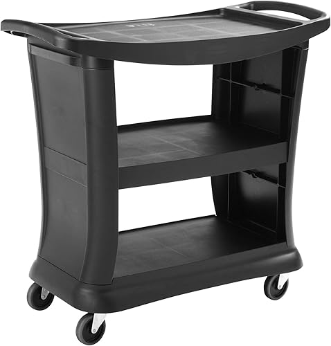 Rubbermaid Carro utilitario de servicio de productos comerciales, negro, para uso hotelero de oficina de restaurante, 3 estantes con ruedas
