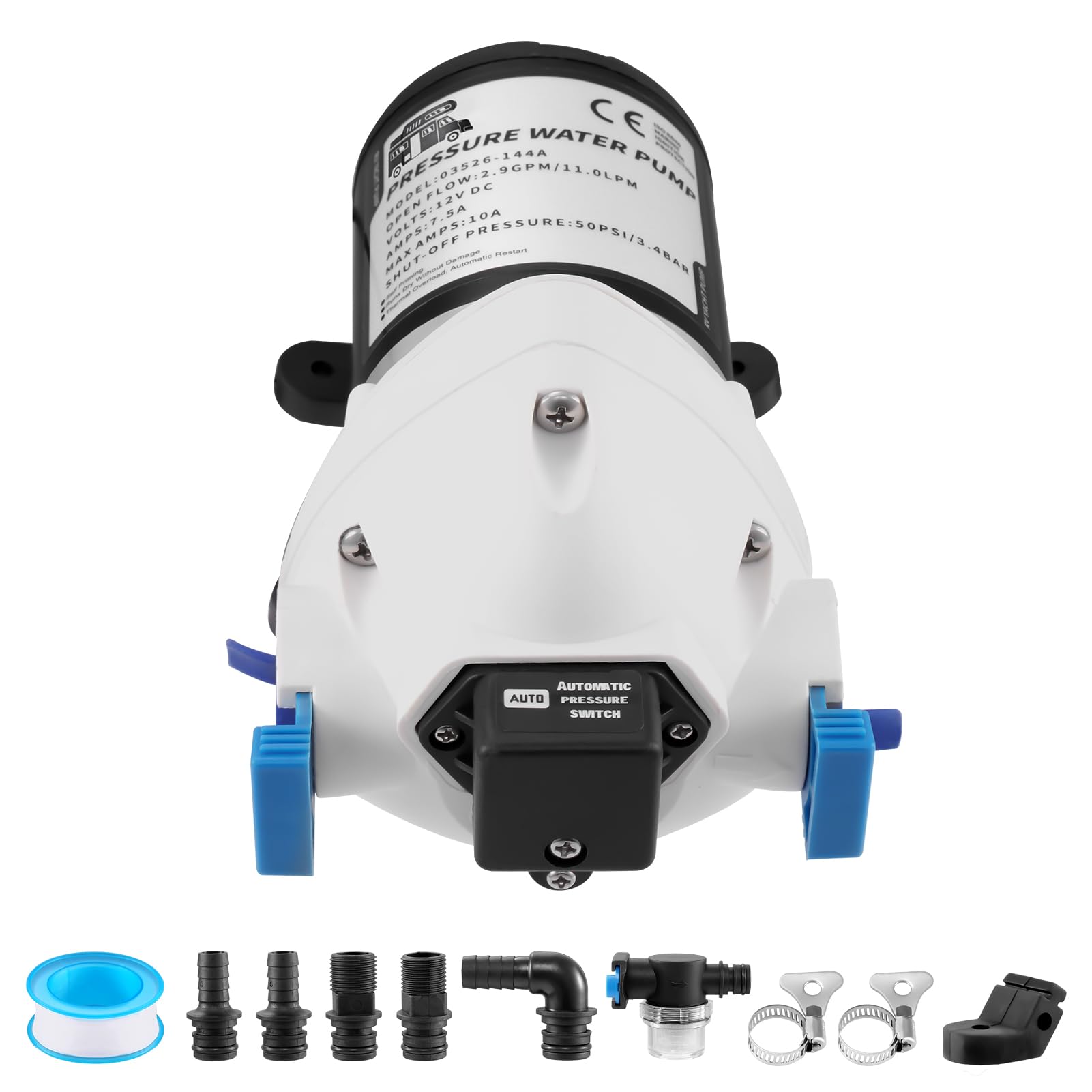 RV Water Pump DC 12V 50PIS/3.4BAR Heavy-Duty Self Priming Pressure Pump On Demand Water Diaphragm Pump for RV, Yacht, Garden, Camper