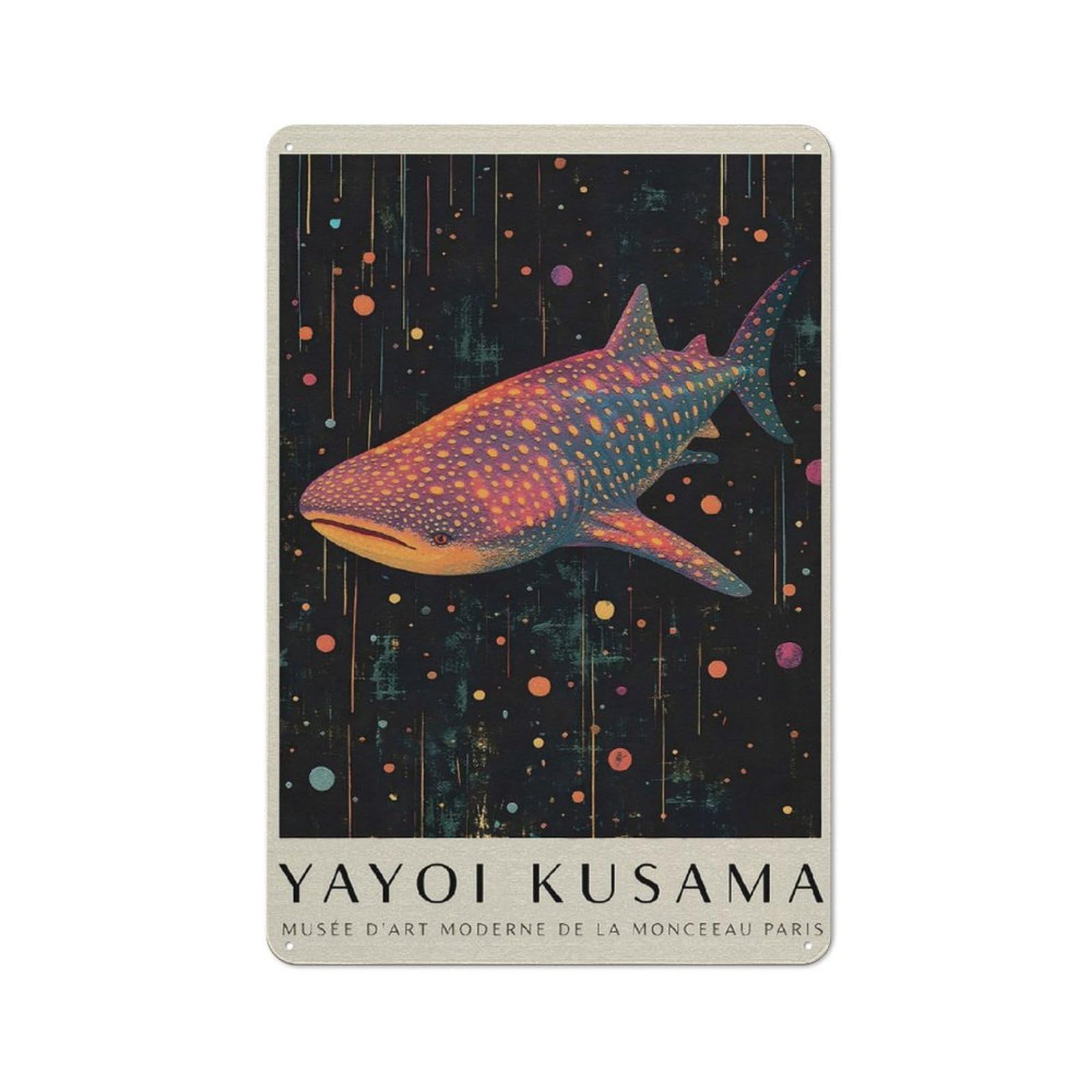 Junmoney Style-6 Yayoi Kusama Whale Shark Distressed Look Metal Wall Decor 30X20cm, Vintage Tin Sign For Living Room, Hallway, Kitchen Or Cafe