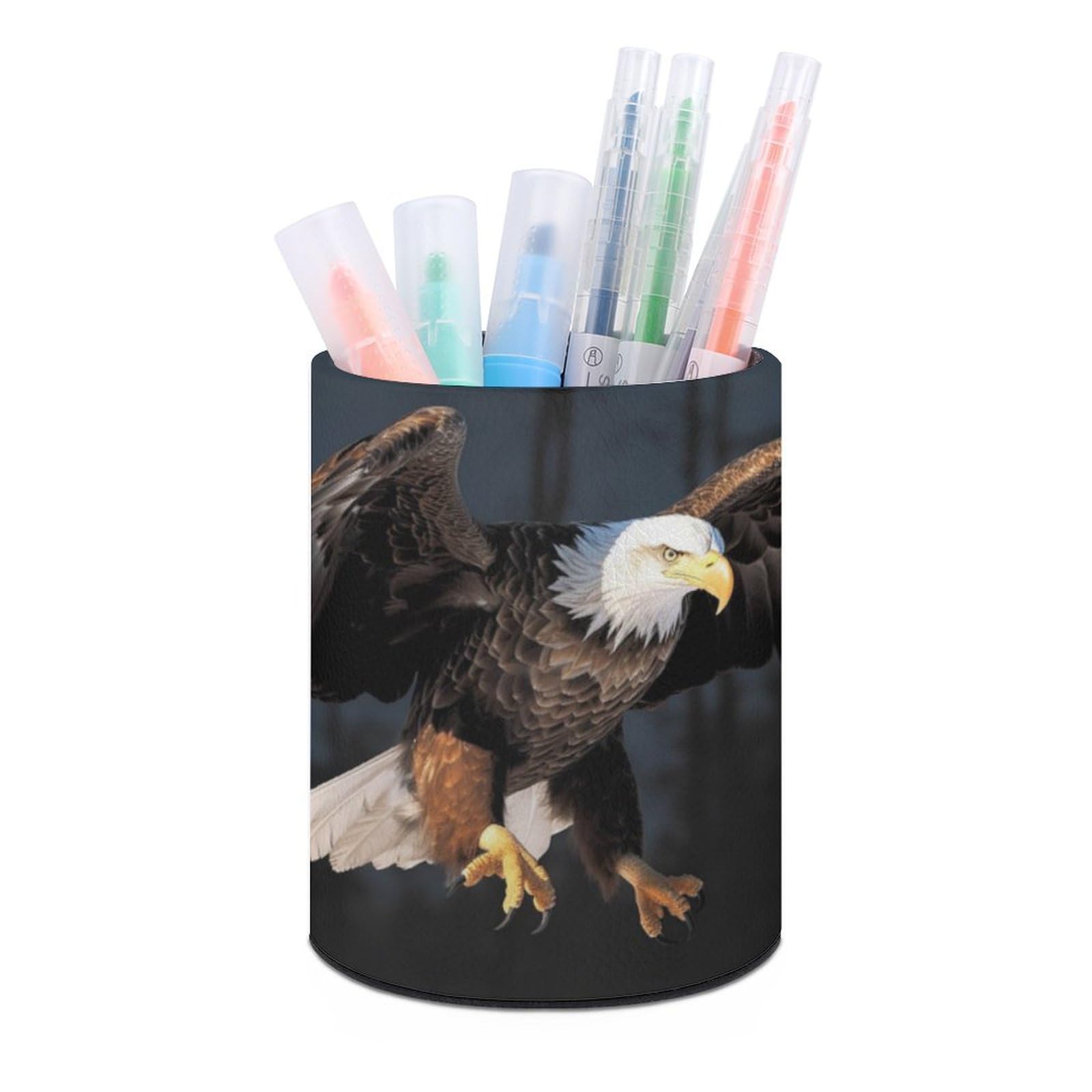 JTREHY Round Pen Holder,Bald Eagle Printed Makeup Brush Storage Box Desktop Stationery Storage Cup Office Accessories Storage Box Pencil Storage Box for Home Office Dressing Table
