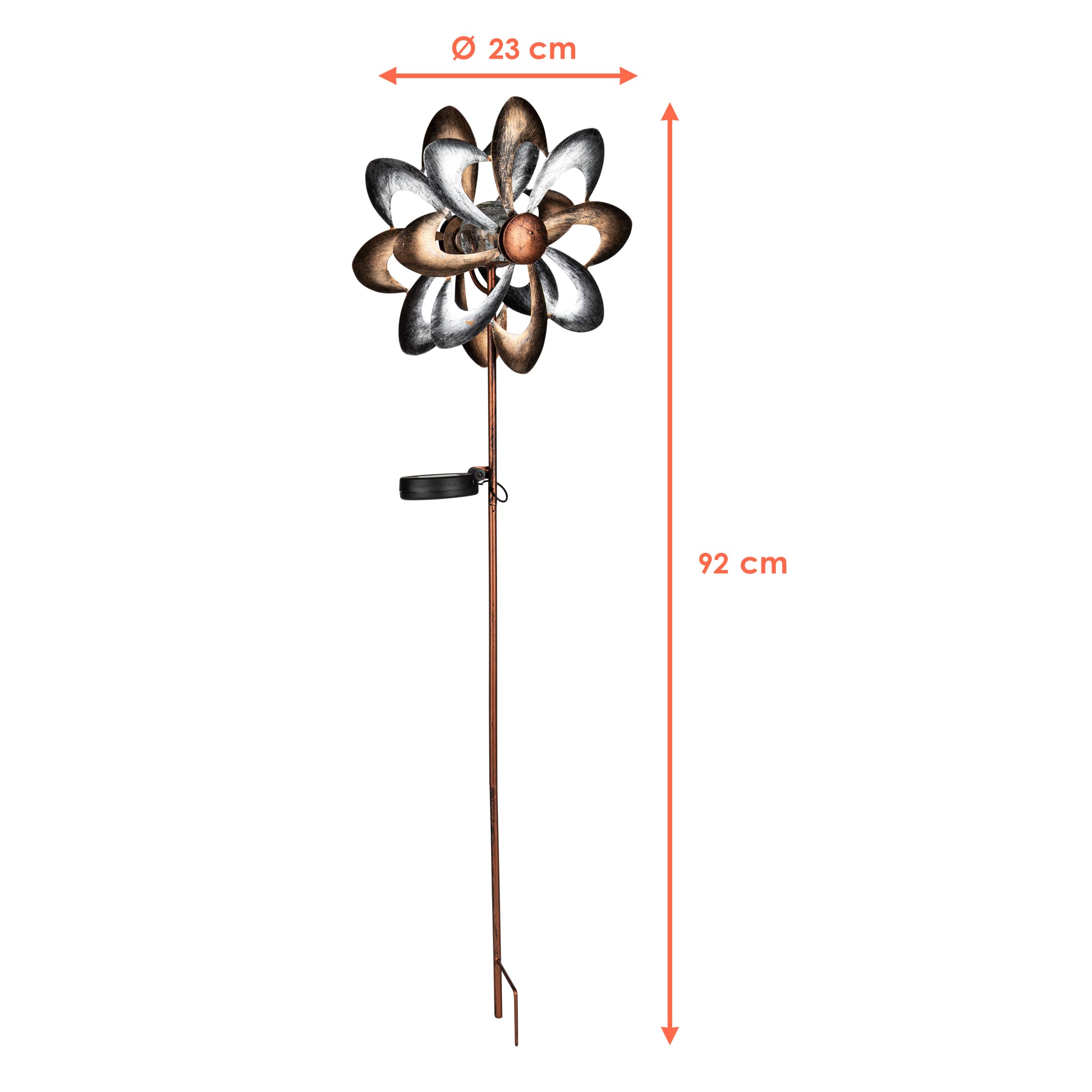 Podwójny metalowy młynek wiatrowy, Ø 23 cm, dekoracja ogrodowa z podświetleniem LED, ciepłe białe światło, dzwonek wiatrowy