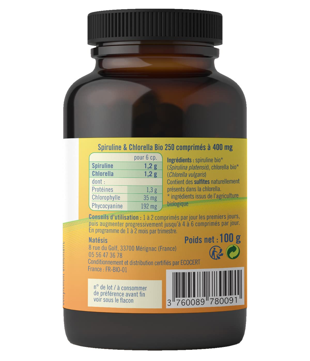 NATESIS — Spiruline & Chlorella Bio 50/50 — 250 comprimés 540 mg — Complément alimentaire bio et vegan — Vitalité, digestion, immunité — Flacon en verre brun — 135 g
