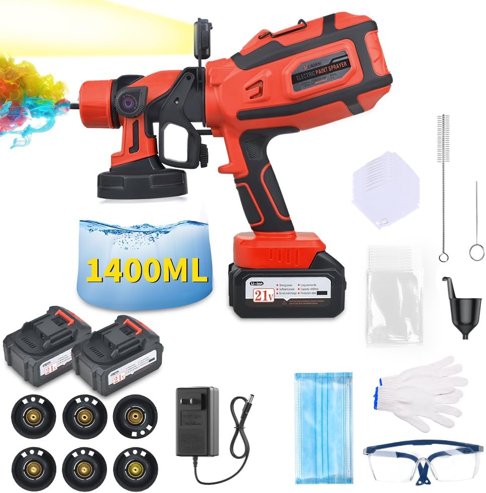 Cordless Paint Sprayer with 2 * 4AH Batteries,6 Nozzles & 3 Spray Patterns & 10 Paint Bags & 1 Night Light,Spray Paint Gun with 1400ML Container,Paint Sprayer for House Wall Furniture