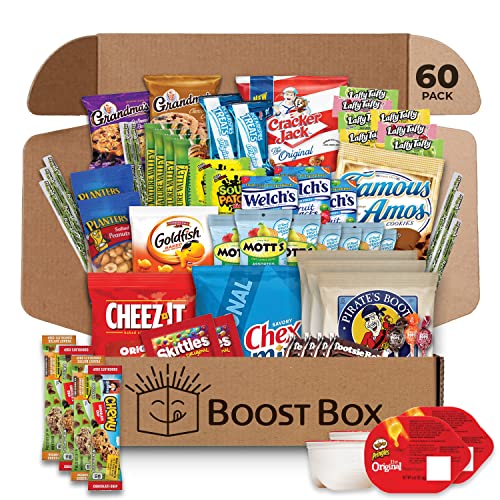 Image of BOOST BOX (60 Count) Premium Snack Boxes, Care Packages & Gifts Baskets for Kids Variety Pack Mix Gift Sampler Chips Cookies Candy Treats Office Staff Military Adults Kids College Students Birthday Recognition