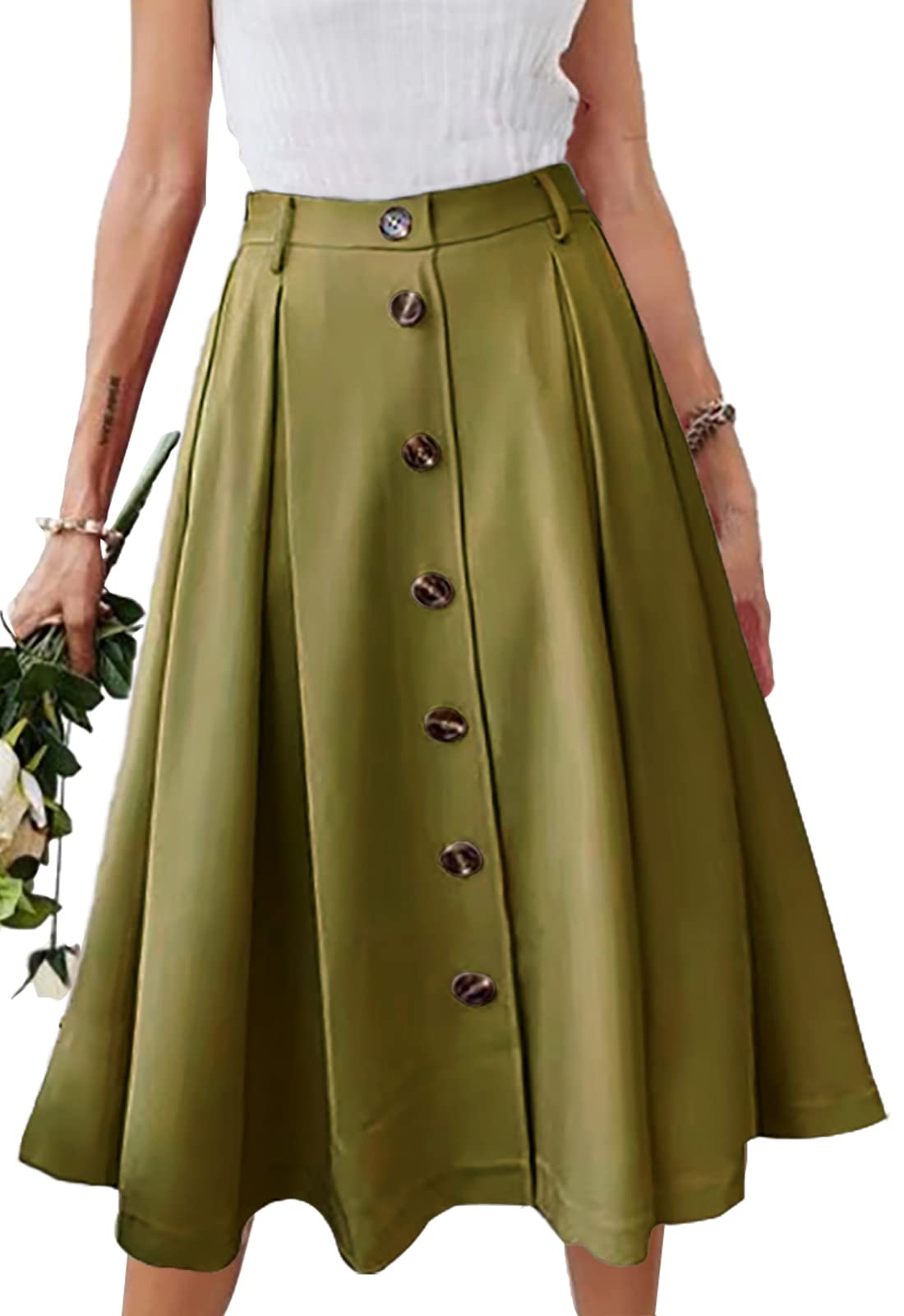 JayscreateEU Jupe midi pour femme, jupe longue, taille haute, longueur genou, ligne A, avec poches - Jupe d'été plissée, maxi jupe d'automne avec franges, vert, XXL