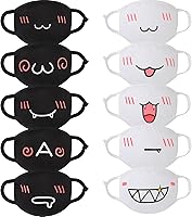 10 Pack Cute Kawaii Face Masks for Women Men Teens - Reusable Washable 100% Cotton Black White Pink Dust Protection